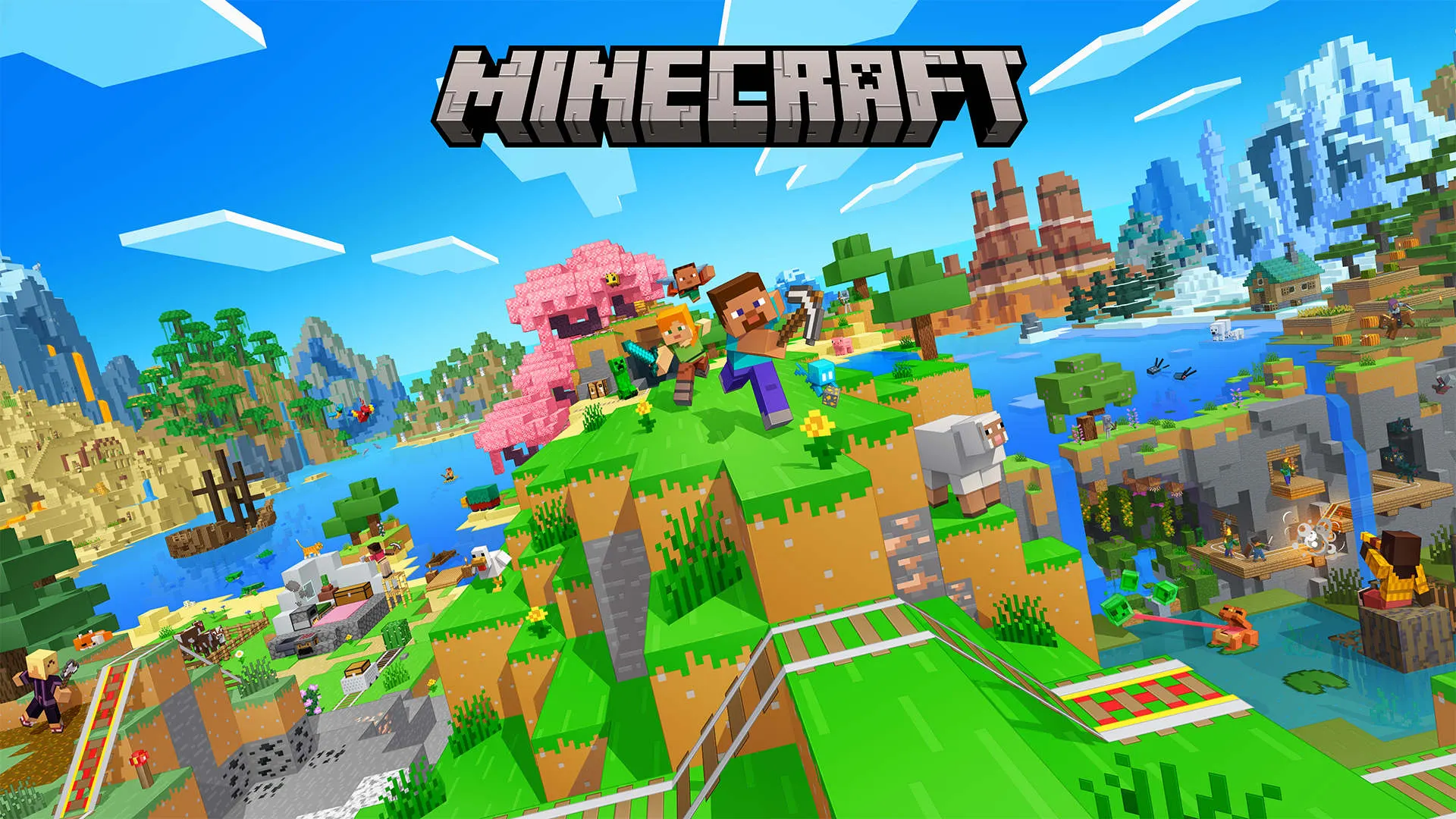 Arte oficial de Minecraft com Steve e Alex correndo por uma paisagem de blocos com rio, montanhas e uma criatura rosa ao fundo