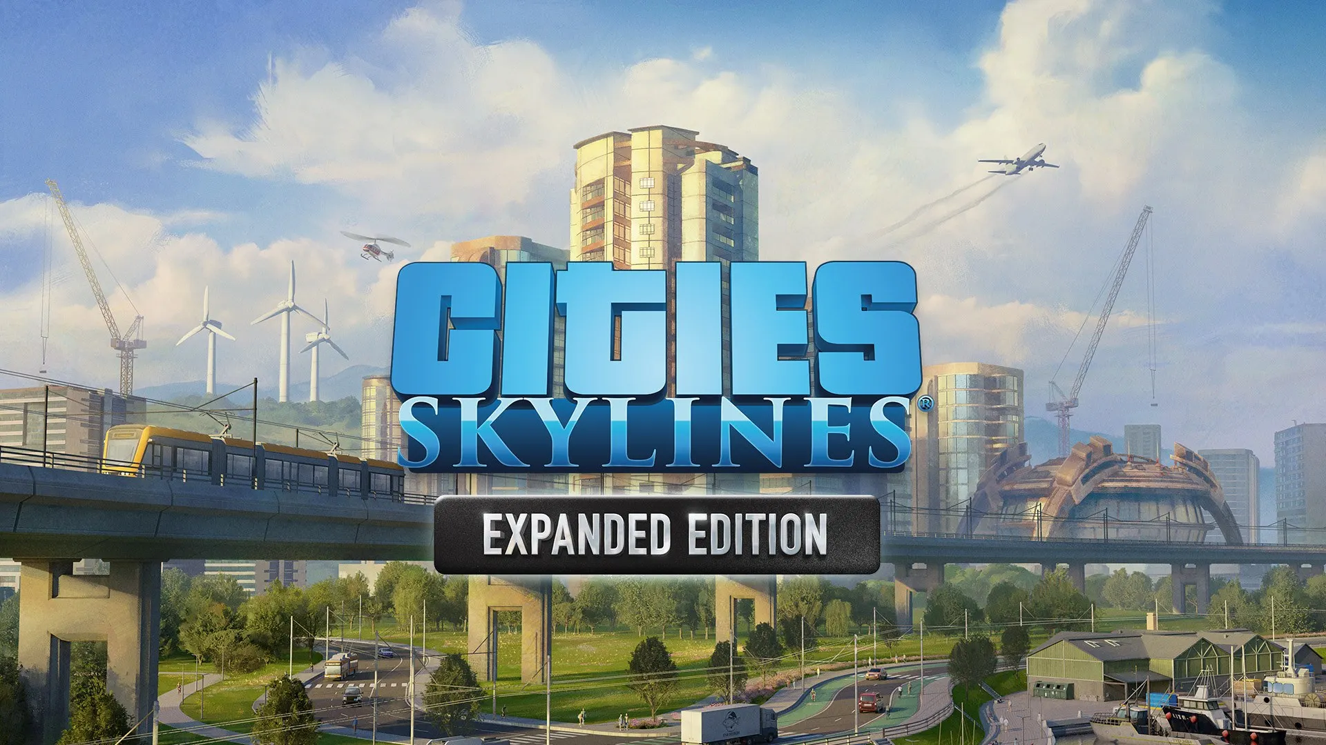 Arte oficial de Cities: Skylines Expanded Edition, com uma cidade moderna, trem elevado, turbinas eólicas e um avião no céu