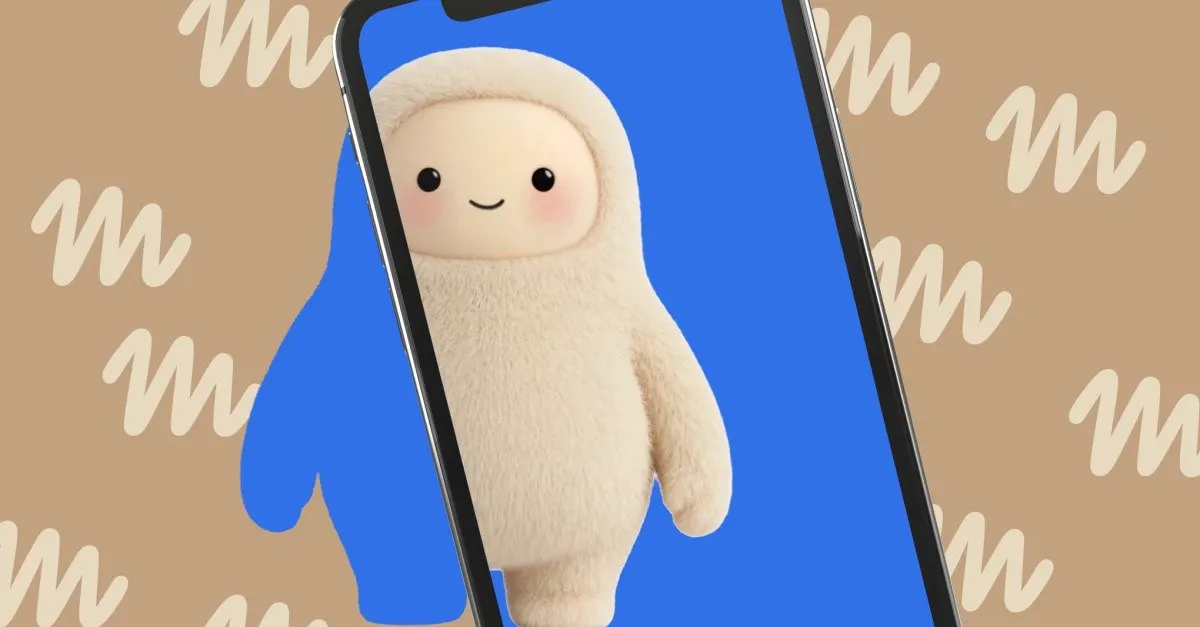 Tela de smartphone exibindo o mascote felpudo do assistente Muse em fundo azul cercado por padrões gráficos em tom bege