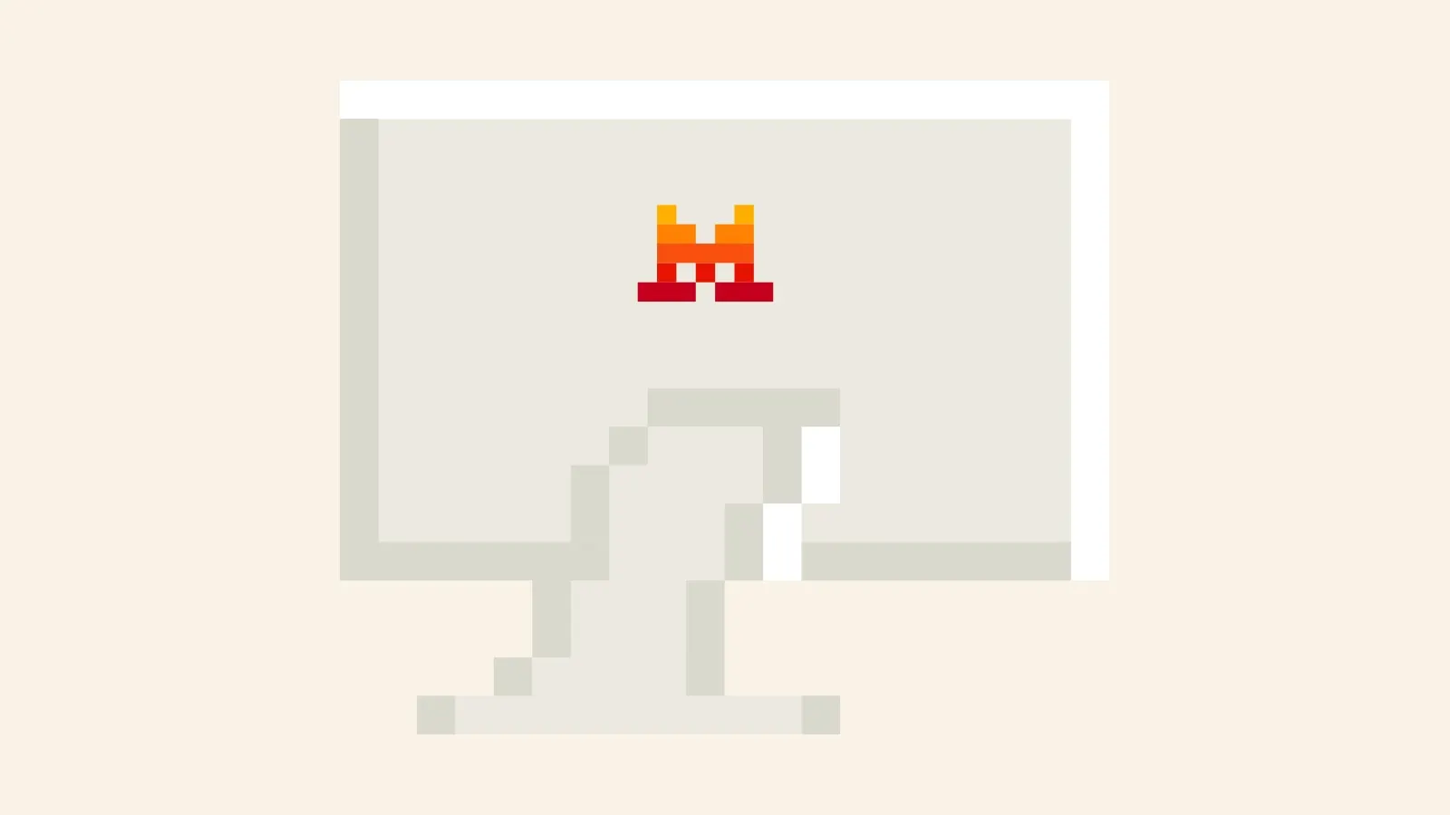 Ilustração em blocos de um monitor claro com símbolo laranja e vermelho no centro da tela, sobre fundo bege