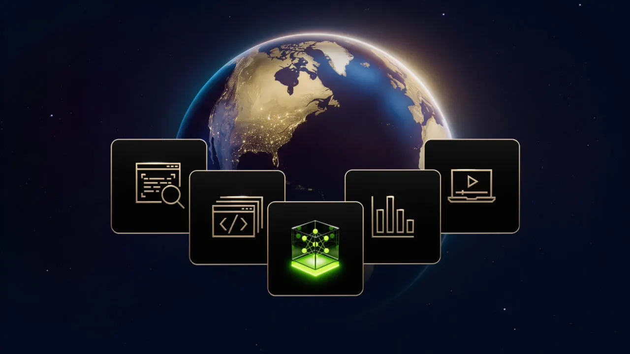 Ilustração da NVIDIA para a família Nemotron 3.5 de modelos abertos de IA, com um robô sobre um chip