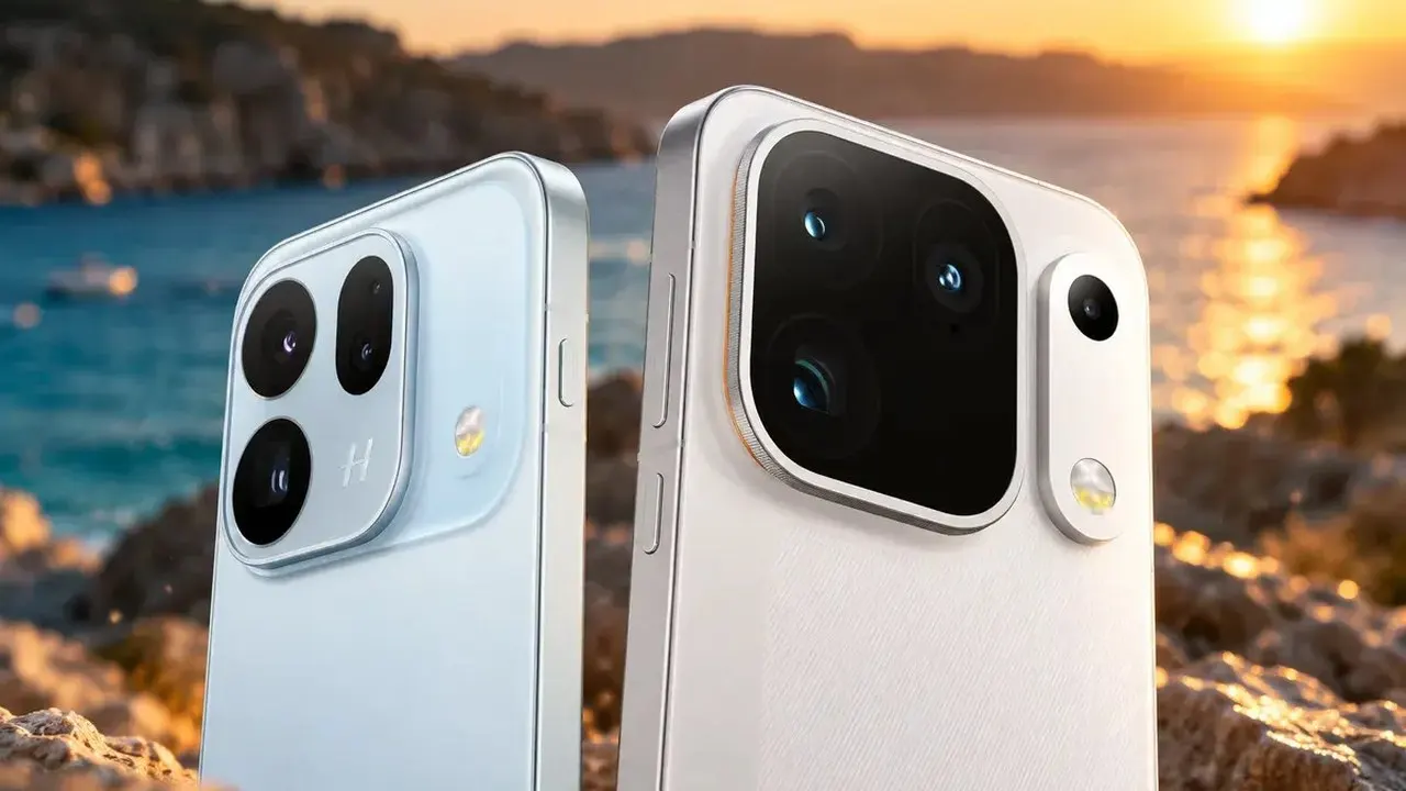 Renders oficiais do Oppo Find X10 azul e do Find X10 Pro Max branco, de costas, com os blocos de câmera Hasselblad diante de um pôr do sol no litoral
