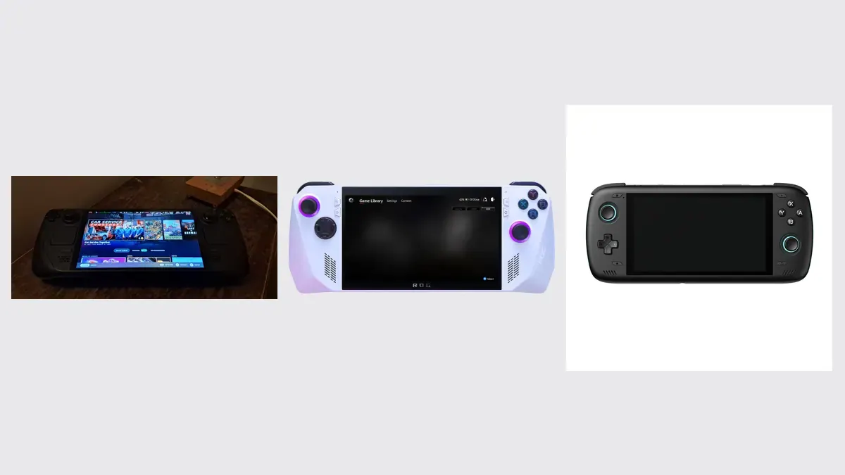 Três consoles portáteis em fundo claro: à esquerda, aparelho preto com a tela ligada sobre uma superfície escura; no centro, aparelho branco com anéis roxos nos analógicos, logo ROG na base e o texto Game Library Settings na tela; à direita, aparelho preto com a tela apagada e anéis claros nos analógicos, em fundo branco.