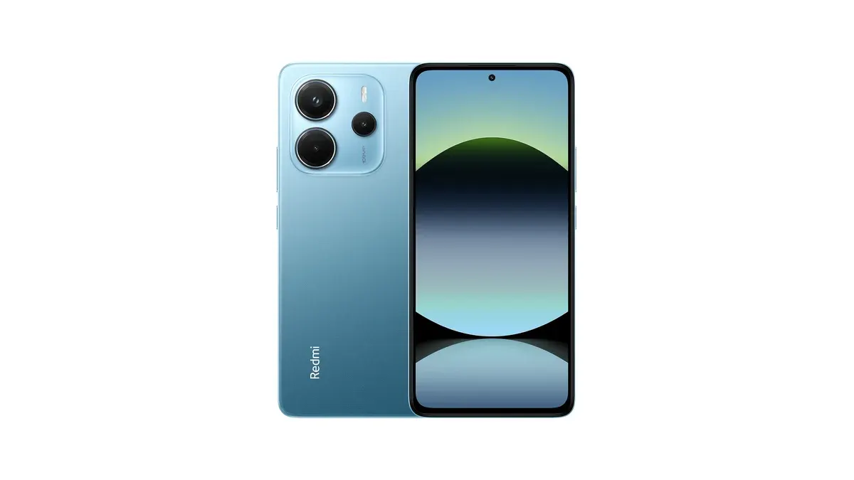 Redmi Note 14 azul-claro visto de costas e de frente, com o conjunto de câmeras à mostra.