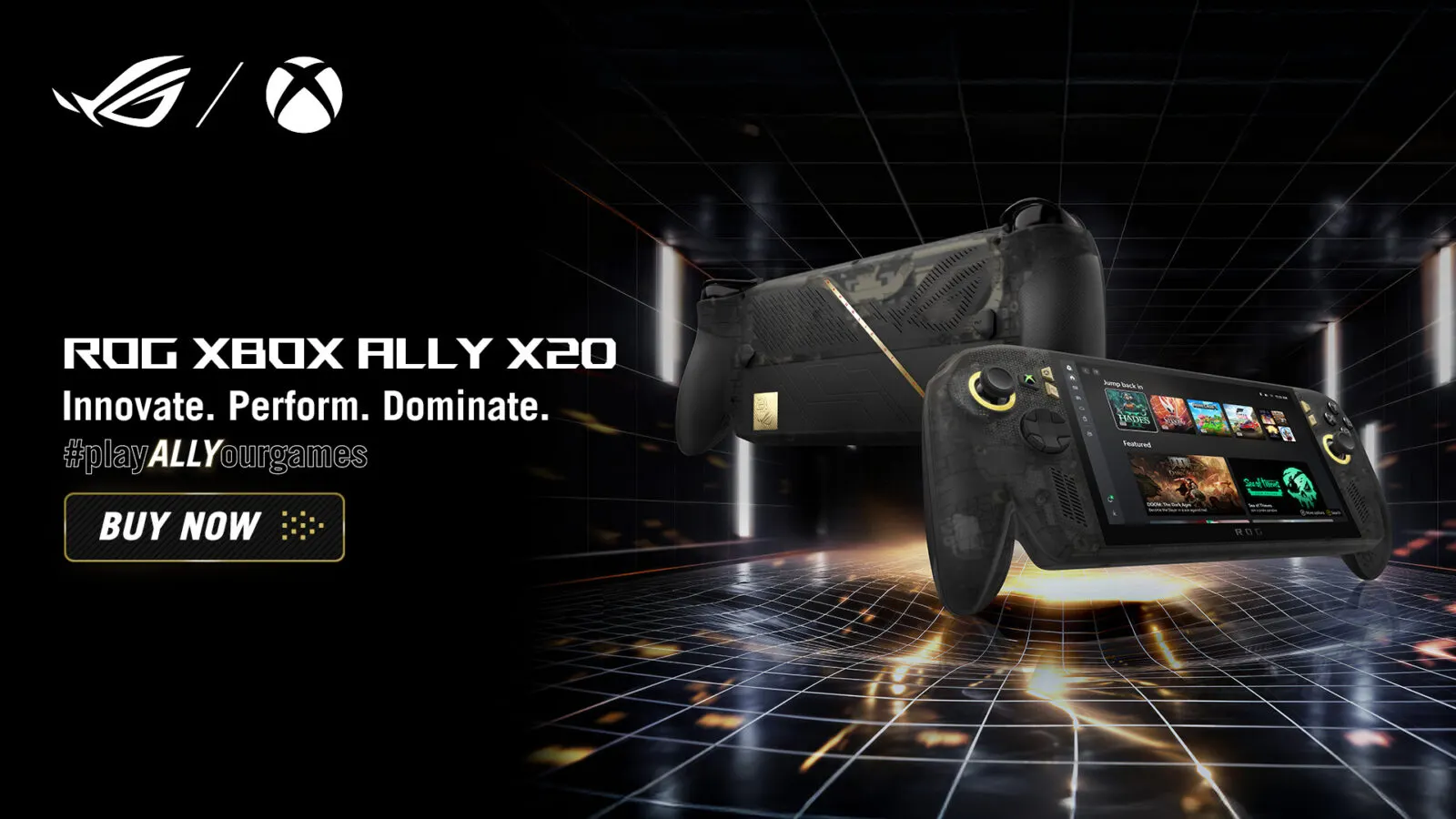 Dois portáteis ROG Xbox Ally X20 pretos translúcidos, um de costas e outro de frente com a tela ligada na biblioteca de jogos, sobre piso escuro com reflexos dourados, ao lado dos logos ROG e Xbox