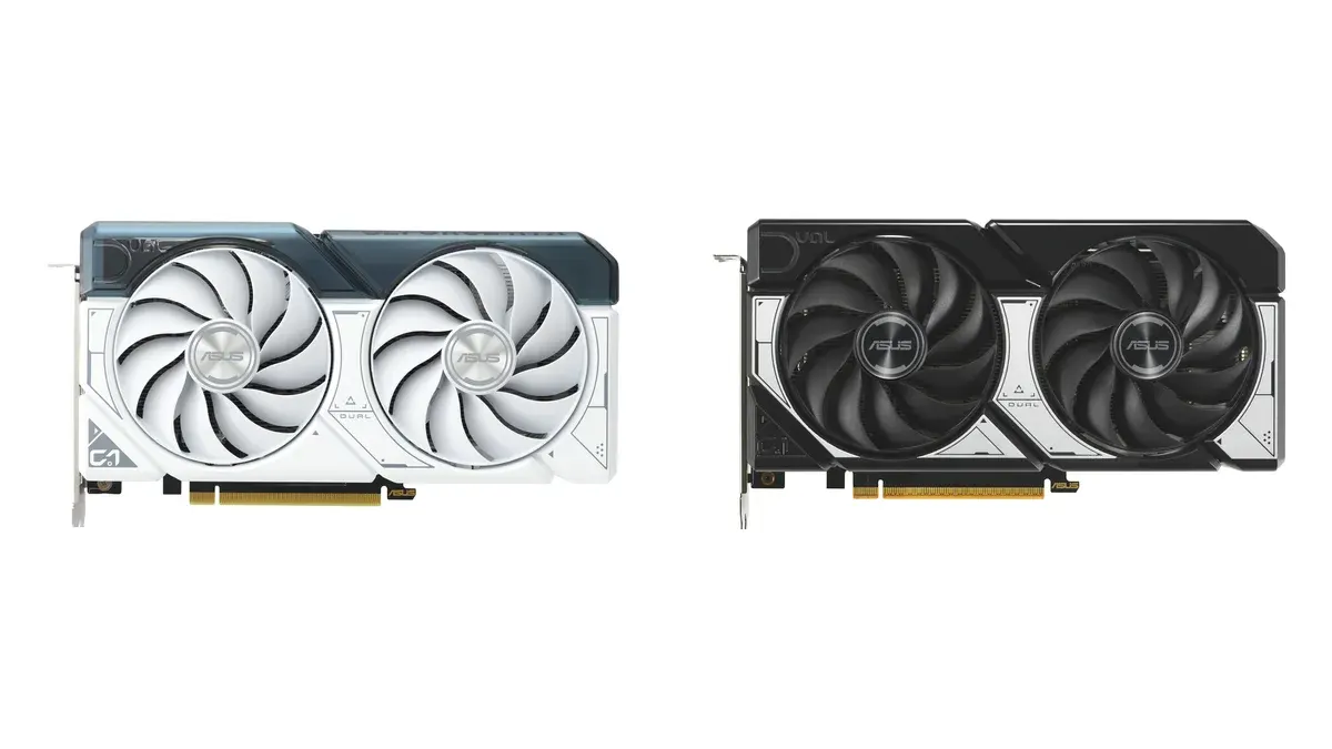 Duas placas de vídeo ASUS Dual vistas de frente: a GeForce RTX 4060 branca, à esquerda, e a GeForce RTX 5060 preta, à direita, ambas com duas ventoinhas.