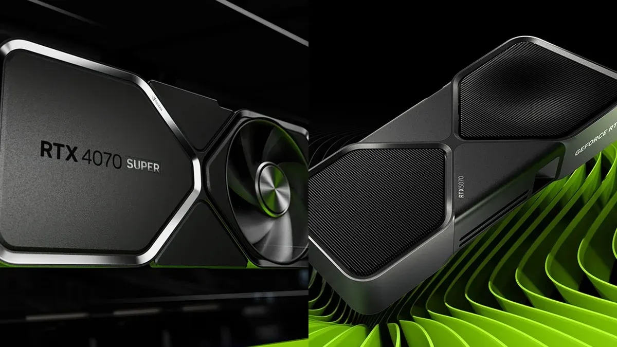 Placas GeForce RTX 4070 Super e RTX 5070 Founders Edition lado a lado, sobre fundos escuro e verde da NVIDIA.