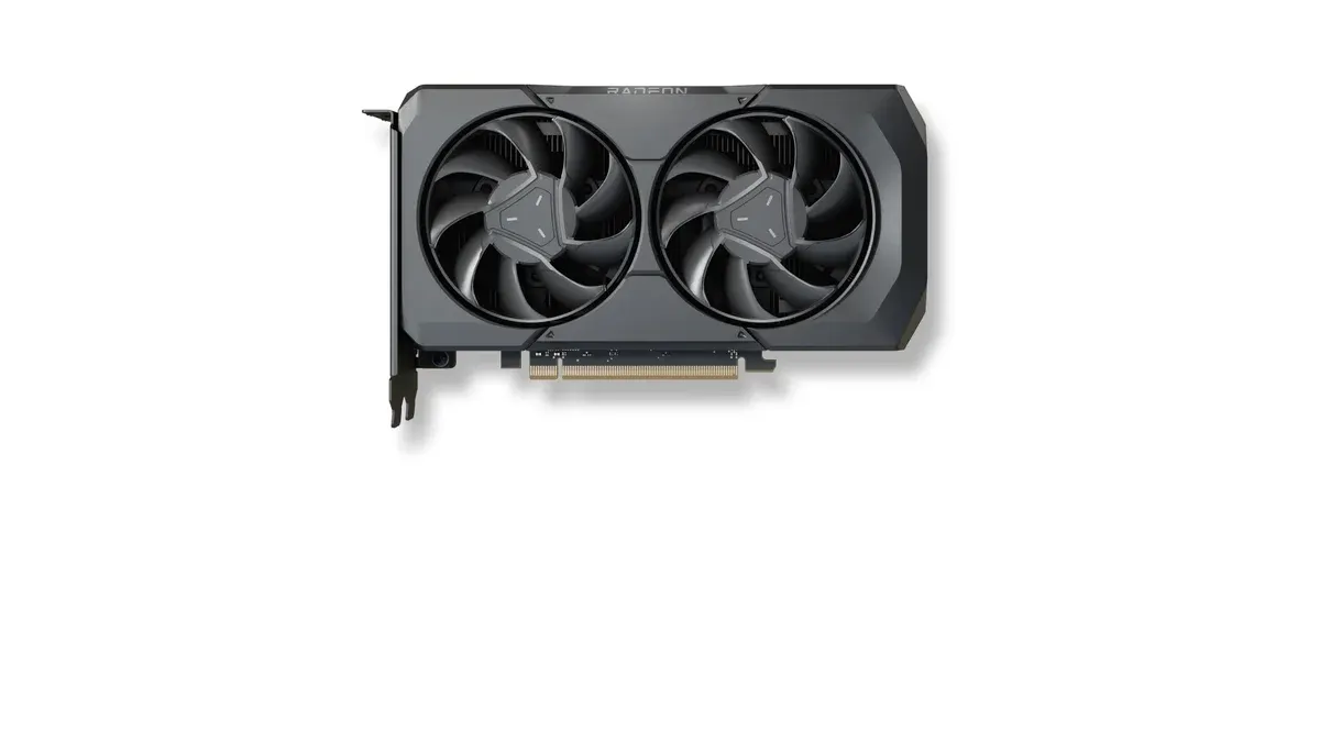 Placa de vídeo AMD Radeon RX 7600 de referência, com duas ventoinhas, vista em ângulo.
