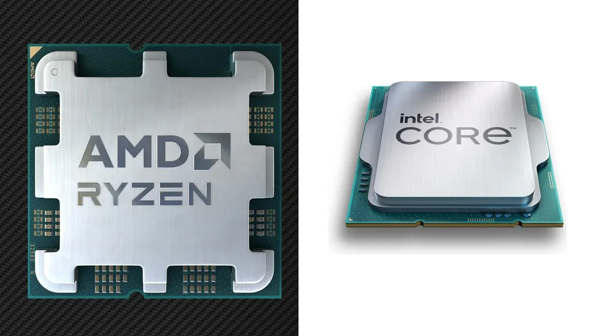 Processador AMD Ryzen da série 7000 para soquete AM5, visto de cima sobre fundo escuro, ao lado de um processador Intel Core de desktop visto em ângulo sobre fundo branco.