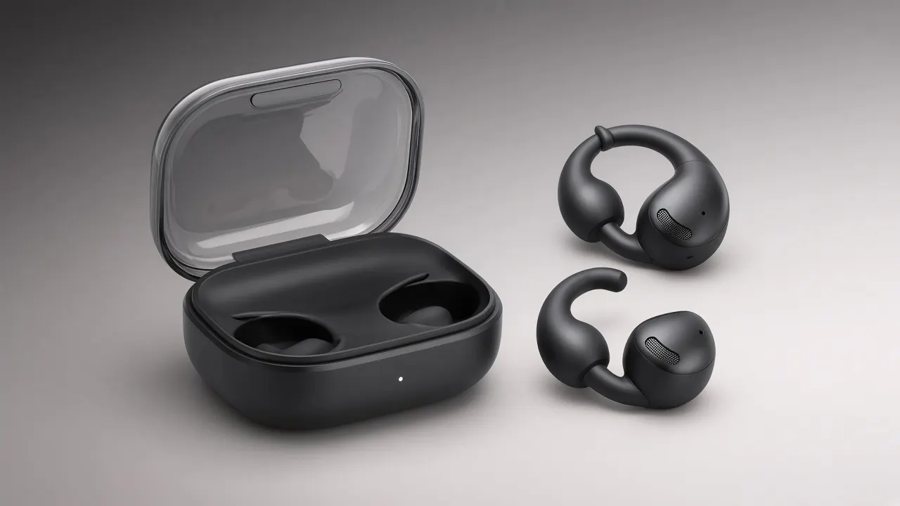 Par de fones de ouvido sem fio pretos em formato curvo de clipe aberto repousados à direita de um estojo de recarga aberto com tampa translúcida fumê e base preta fosca sobre superfície lisa cinza degradê