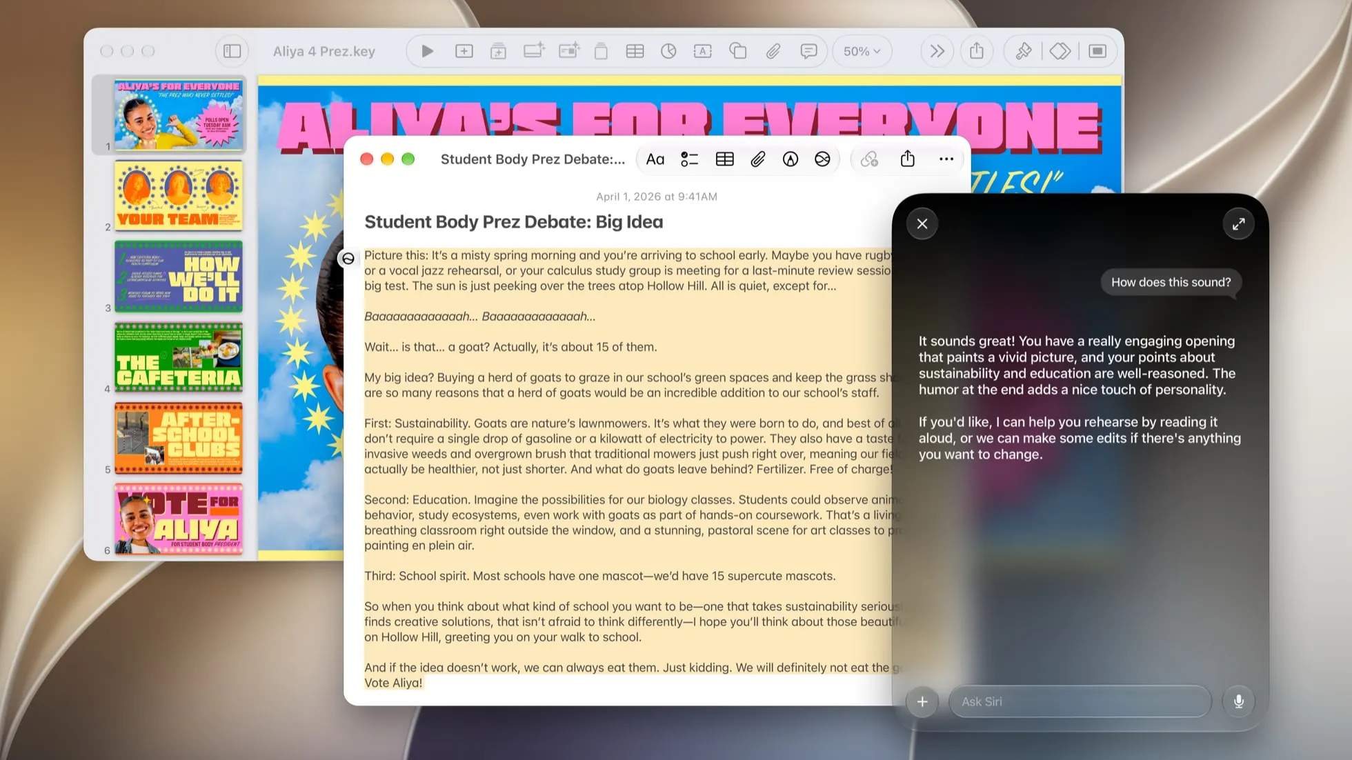 Captura de tela de divulgação da Apple mostra a Siri AI em um Mac, com um painel de conversa ao lado de um texto e de uma apresentação abertos