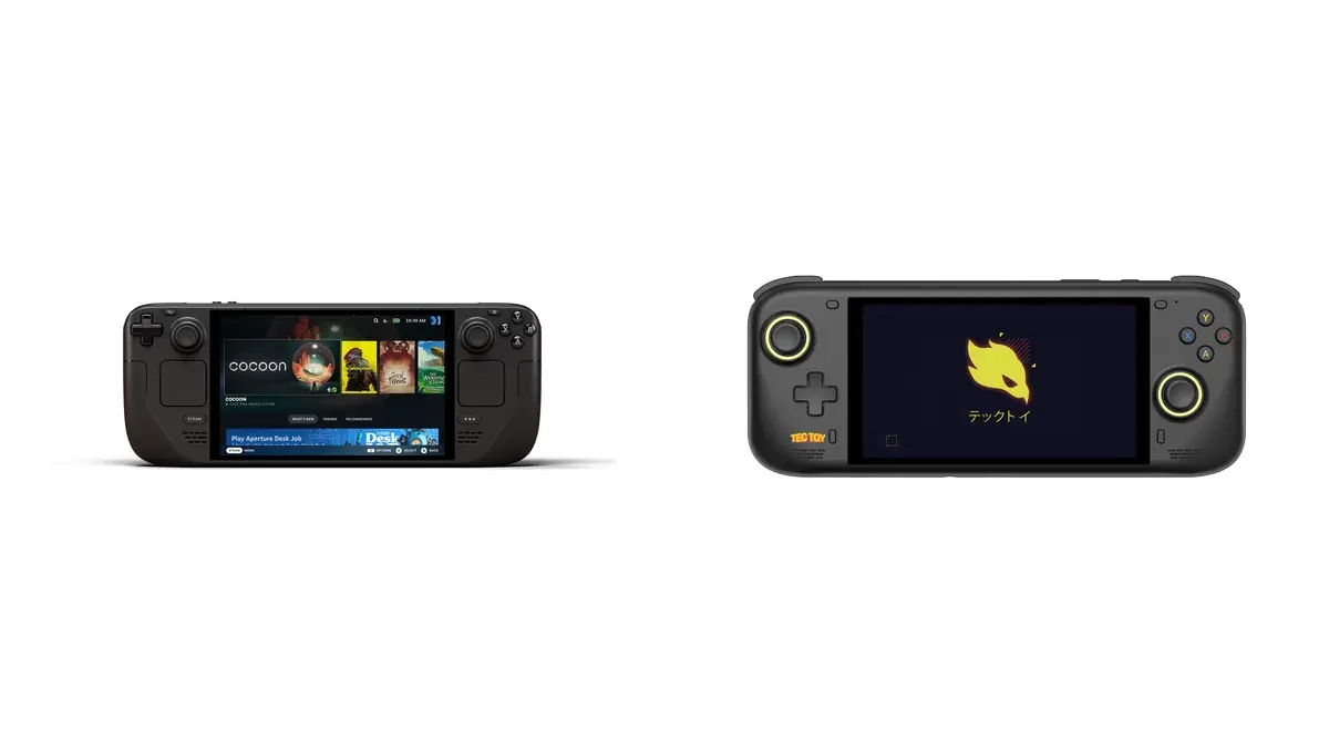 Steam Deck OLED à esquerda e Zeenix Pro preto à direita, os dois de frente em fundo branco.