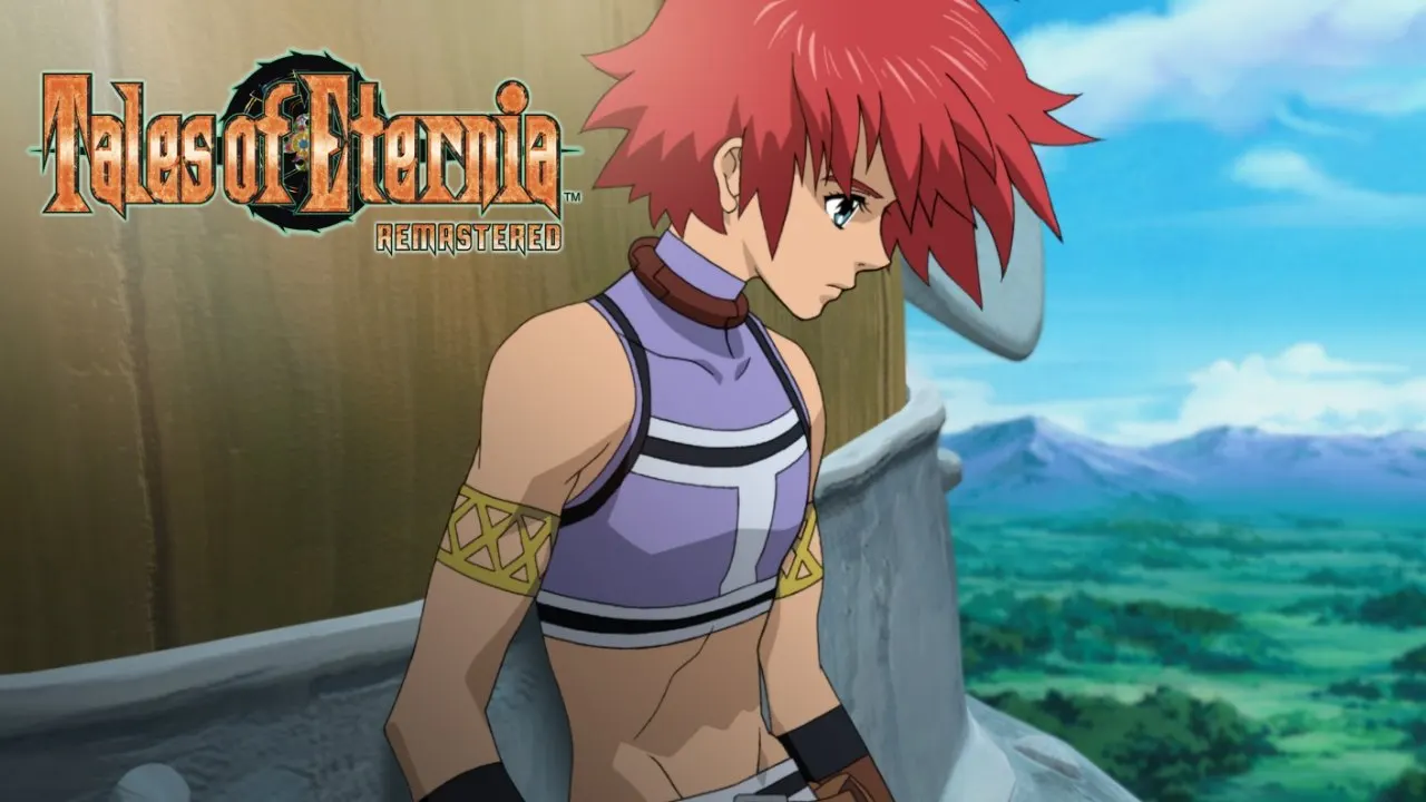 Arte promocional de Tales of Eternia Remastered mostrando o protagonista Reid Hershel e seus companheiros entre os mundos de Inferia e Celestia