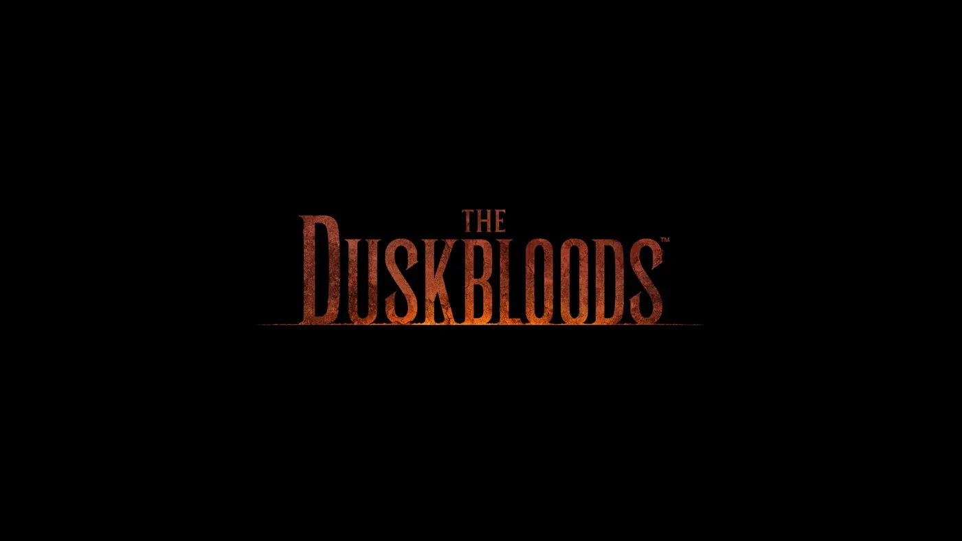 Logotipo The Duskbloods em letras alaranjadas e avermelhadas no centro de um fundo preto
