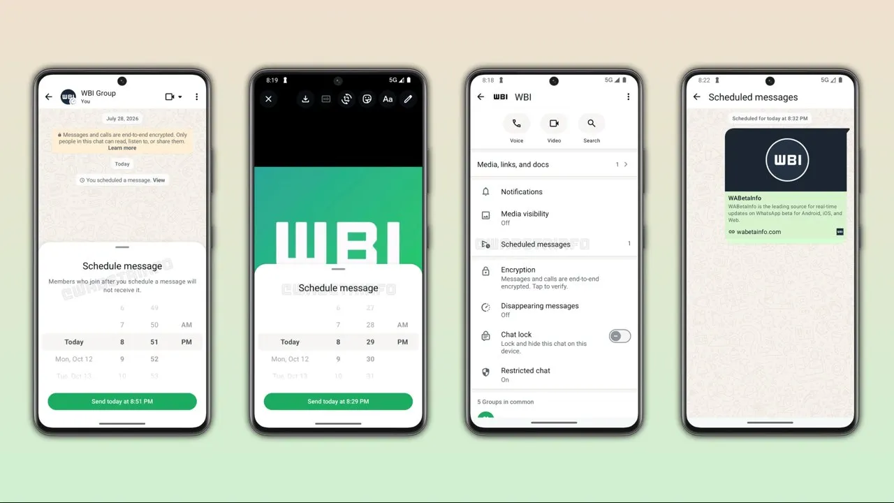 Quatro telas do WhatsApp mostram o agendamento de mensagens: painel com data e hora, editor de foto, seção de mensagens agendadas e aviso em grupo