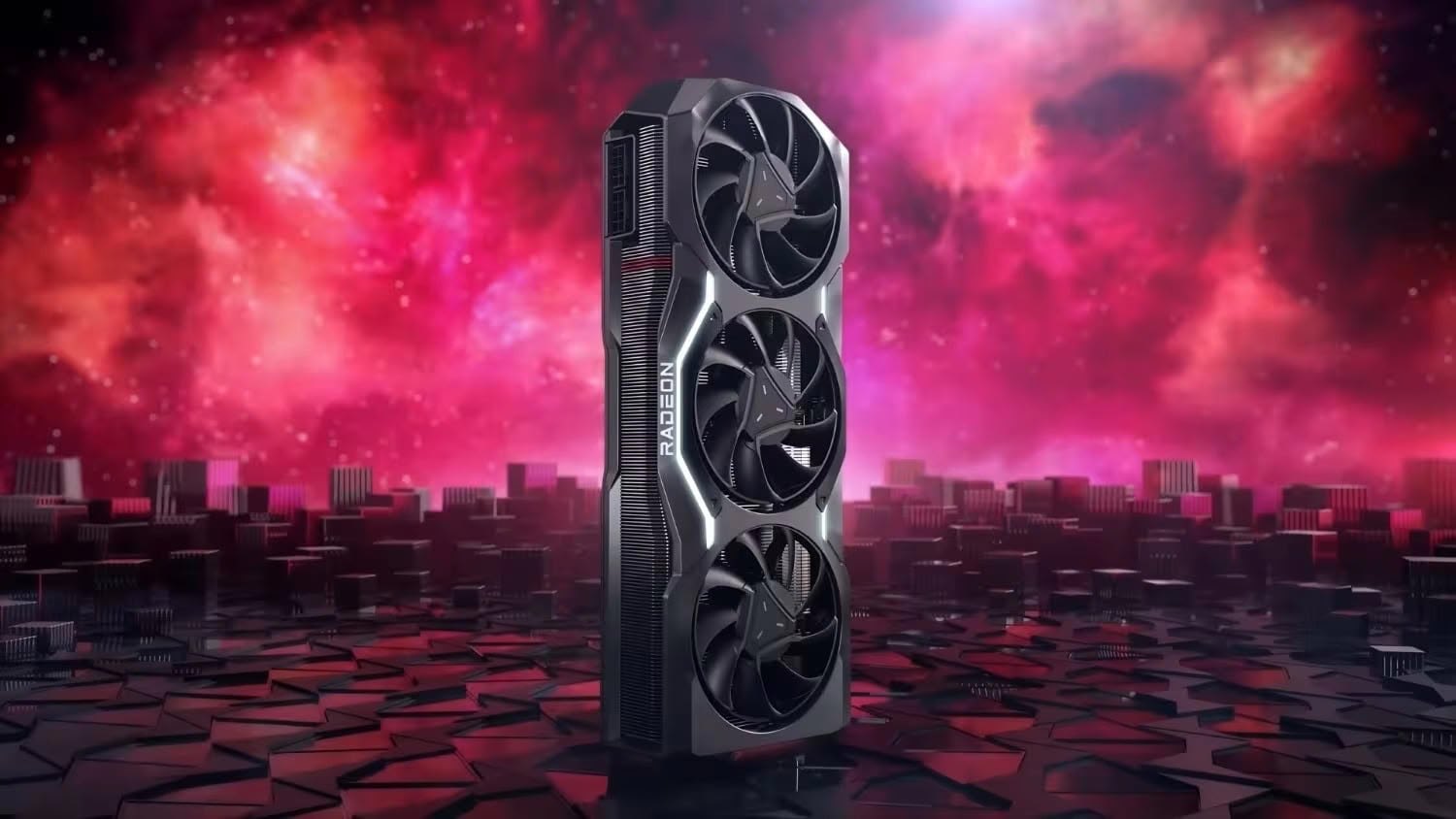 Placa de vídeo AMD Radeon preta em posição vertical com três ventoinhas frontais e iluminação central contra fundo cósmico avermelhado e blocos escuros