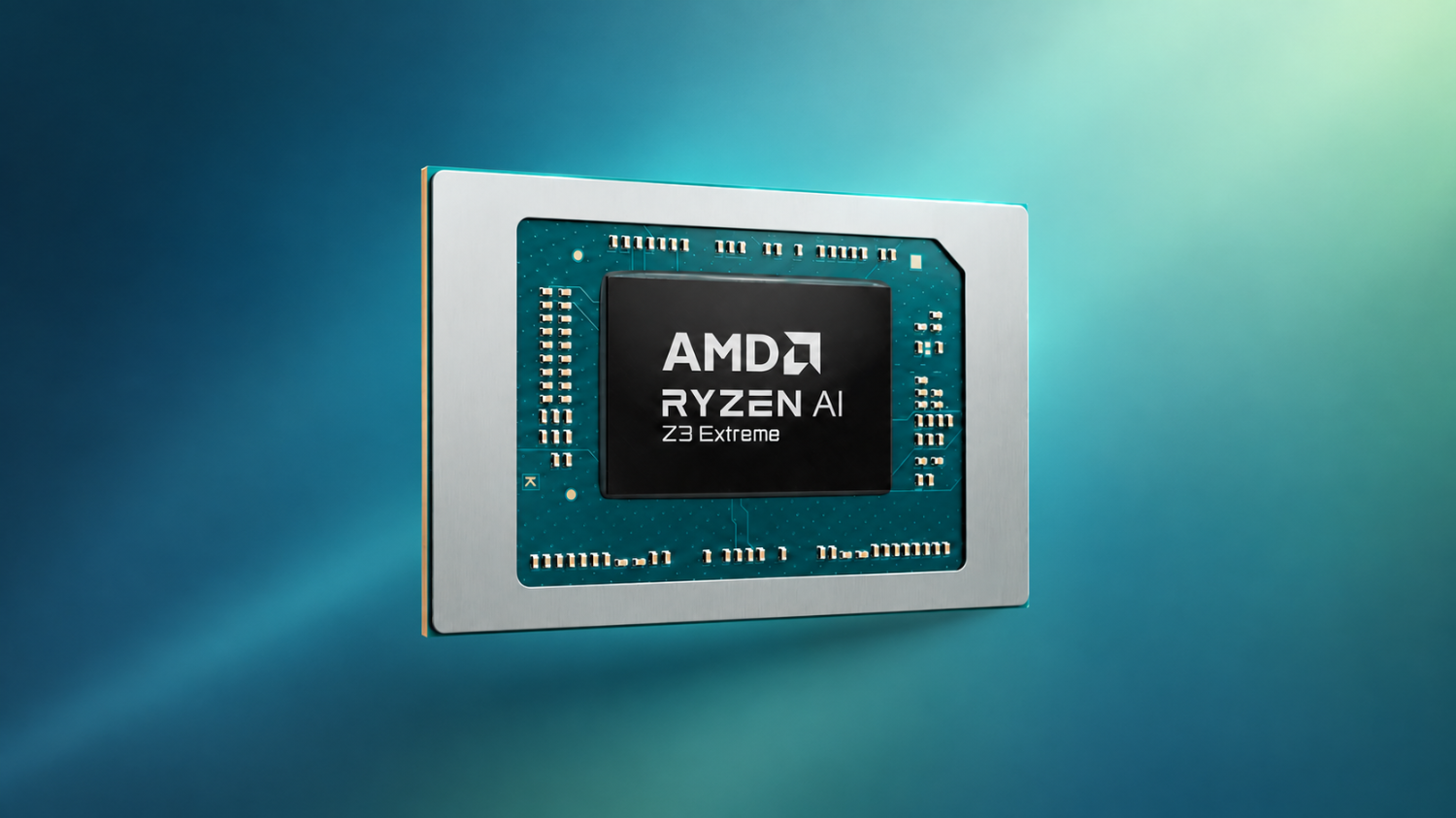 Renderização 3D de processador AMD com die retangular preto no centro com as inscrições AMD e RYZEN AI Z3 Extreme, montado sobre substrato de circuito impresso verde com contatos dourados e moldura metálica prateada retangular sobre fundo azul e verde degradê