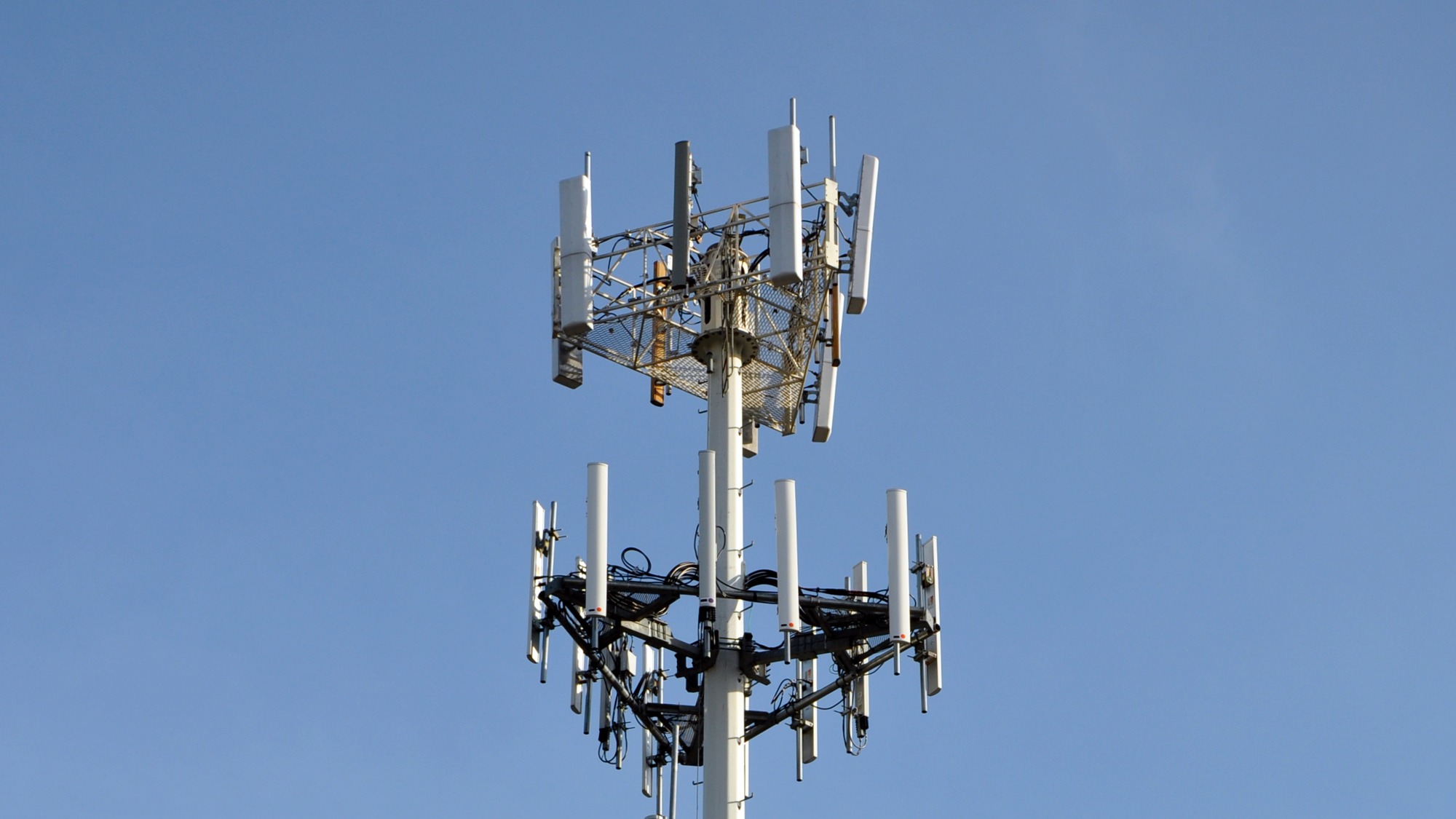 Parte superior de torre metálica com antenas verticais claras, cabos pretos e estruturas de sustentação contra céu azul
