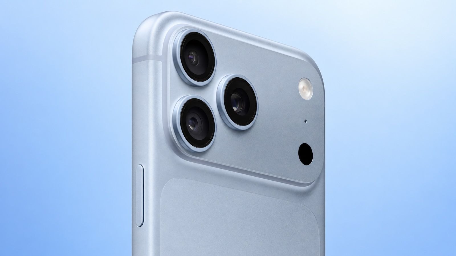 Traseira e módulo com três lentes salientes de um smartphone iPhone 18 Pro Max em tom azul claro sobre um fundo azul suave
