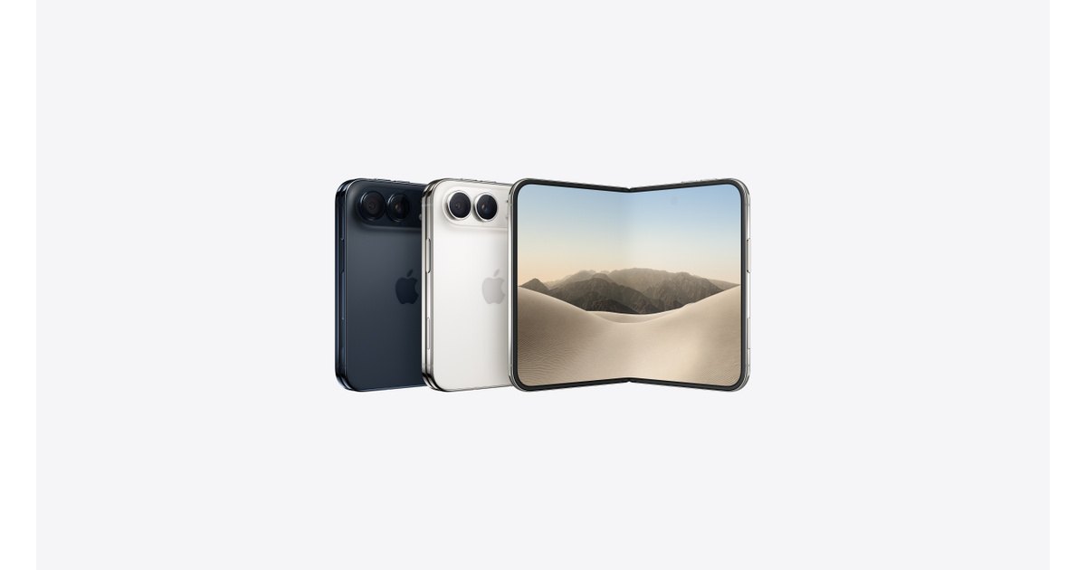 Renderização do iPhone Duo dobrável mostrando a tela externa de 5,4 polegadas e a tela interna de 7,6 polegadas, com acabamento em titânio e cores branco-estrela e céu noturno visíveis.