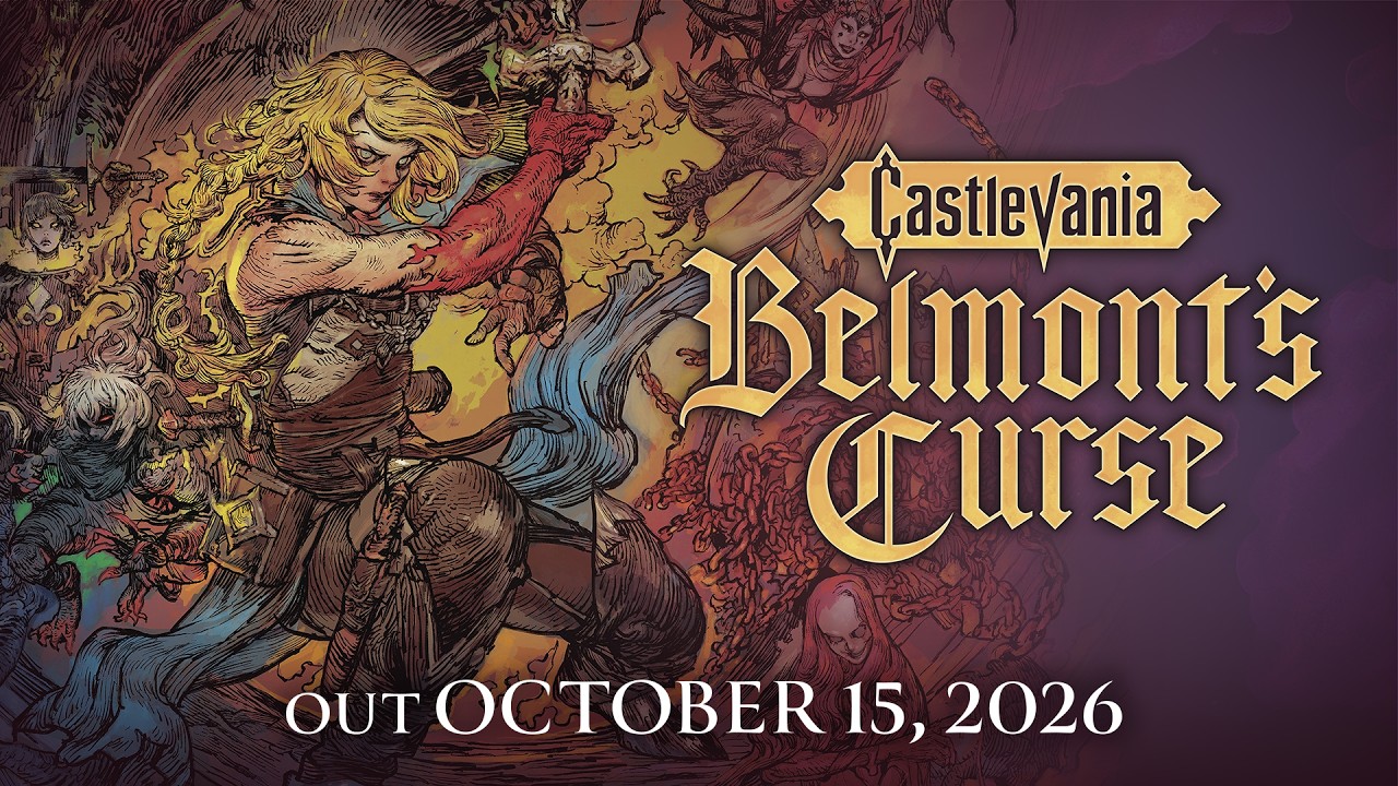 Ilustração de uma mulher loira de luvas vermelhas erguendo uma arma acima da cabeça, cercada por monstros, com o título Castlevania Belmont's Curse e o texto OUT OCTOBER 15, 2026