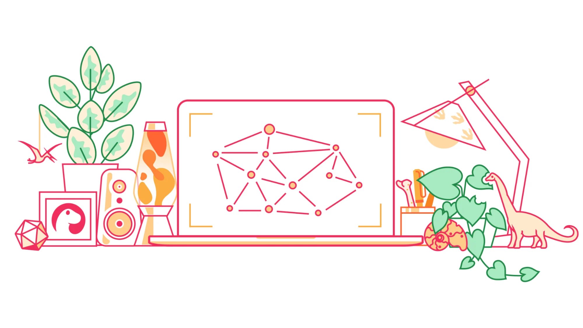 Ilustração vetorial em tons de laranja, verde e vermelho com notebook ao centro, plantas, lâmpada de lava e silhueta de dinossauro sobre uma mesa