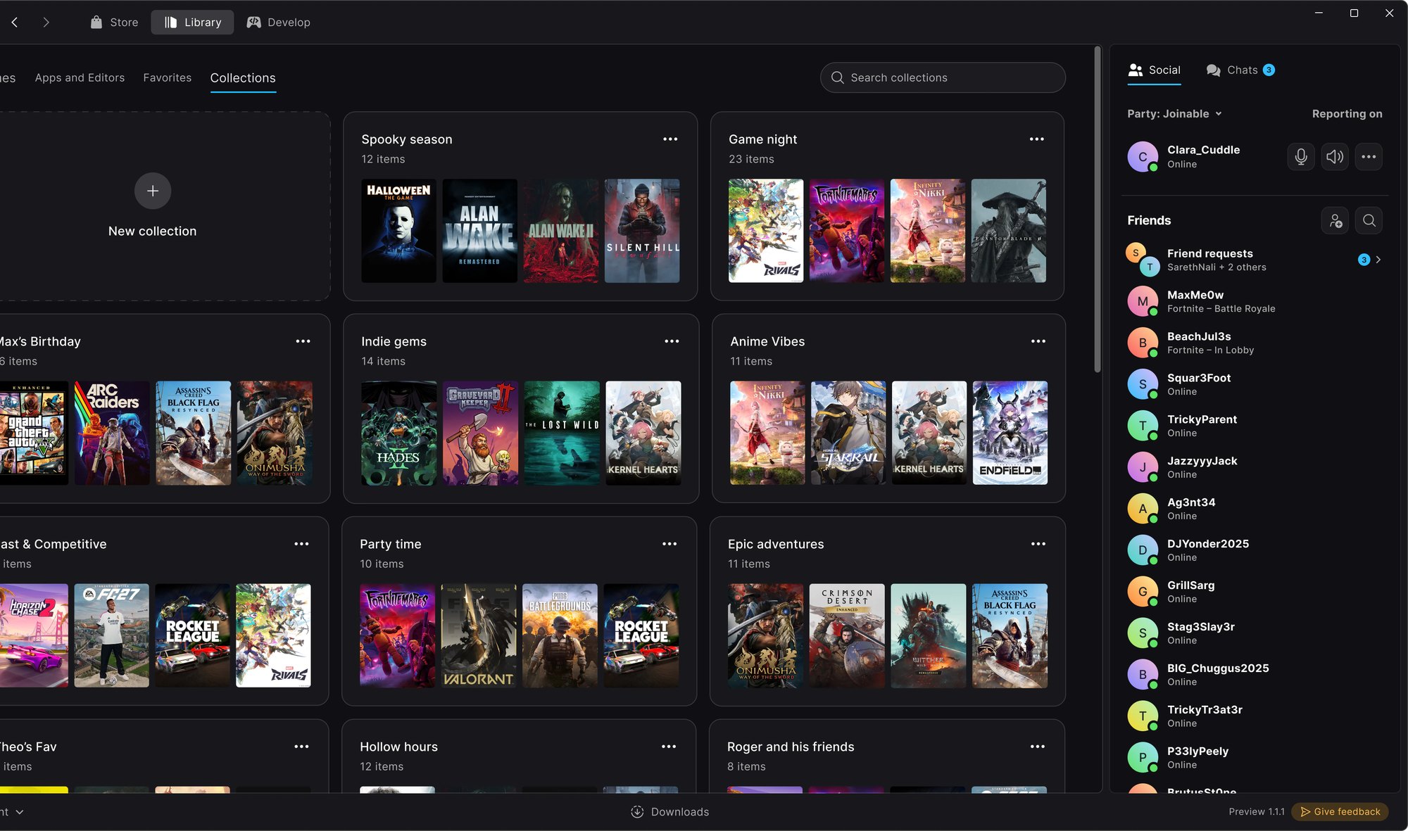 Tela do novo Epic Games Launcher com barra superior contendo as abas Store, Library e Develop, fundo escuro e miniaturas de jogos destacados na biblioteca