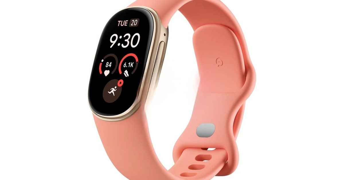 Pulseira inteligente Fitbit Edge na cor salmão com tela curva vertical exibindo hora, batimentos cardíacos e contador de passos sobre fundo branco