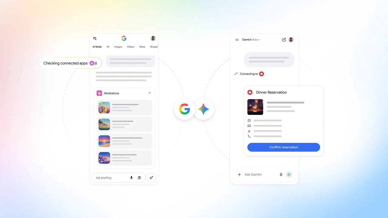 Arte ilustrativa com interfaces da Busca e do Gemini, ícones do Google ao centro e um cartão de reserva de jantar à direita