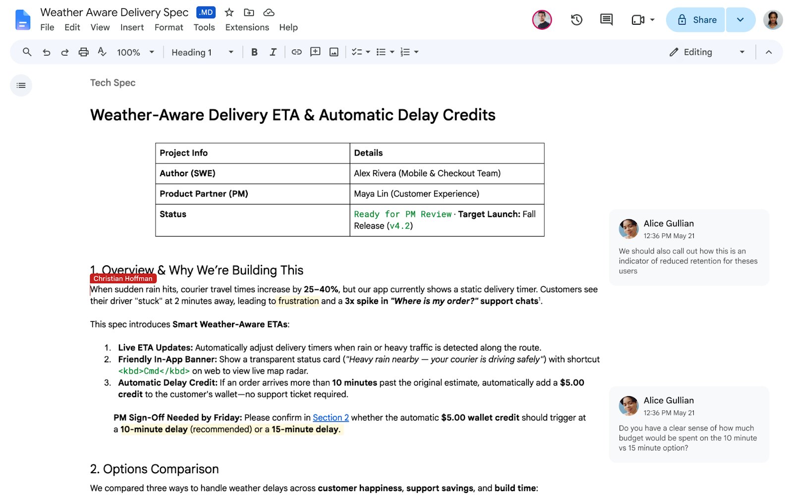 Tela do Google Docs exibindo um documento de especificação técnica no formato Markdown com selo MD ao lado do título e tabela formatada.