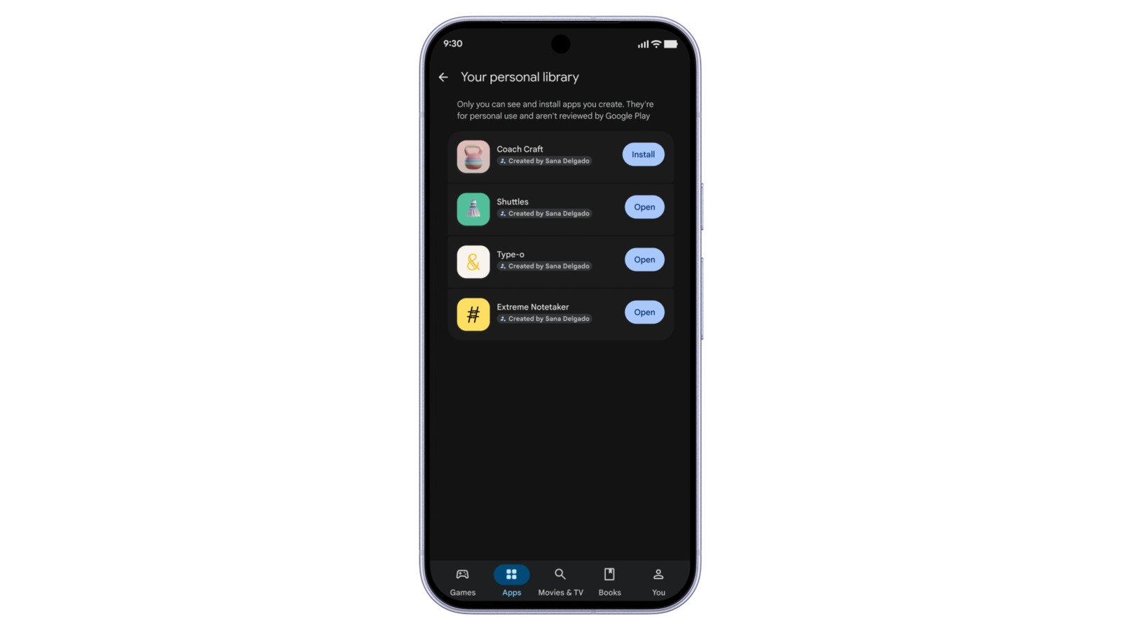 Smartphone com tela escura exibindo a seção Your personal library do Google Play, com lista de aplicativos personalizados criados por usuário e botões de instalar e abrir
