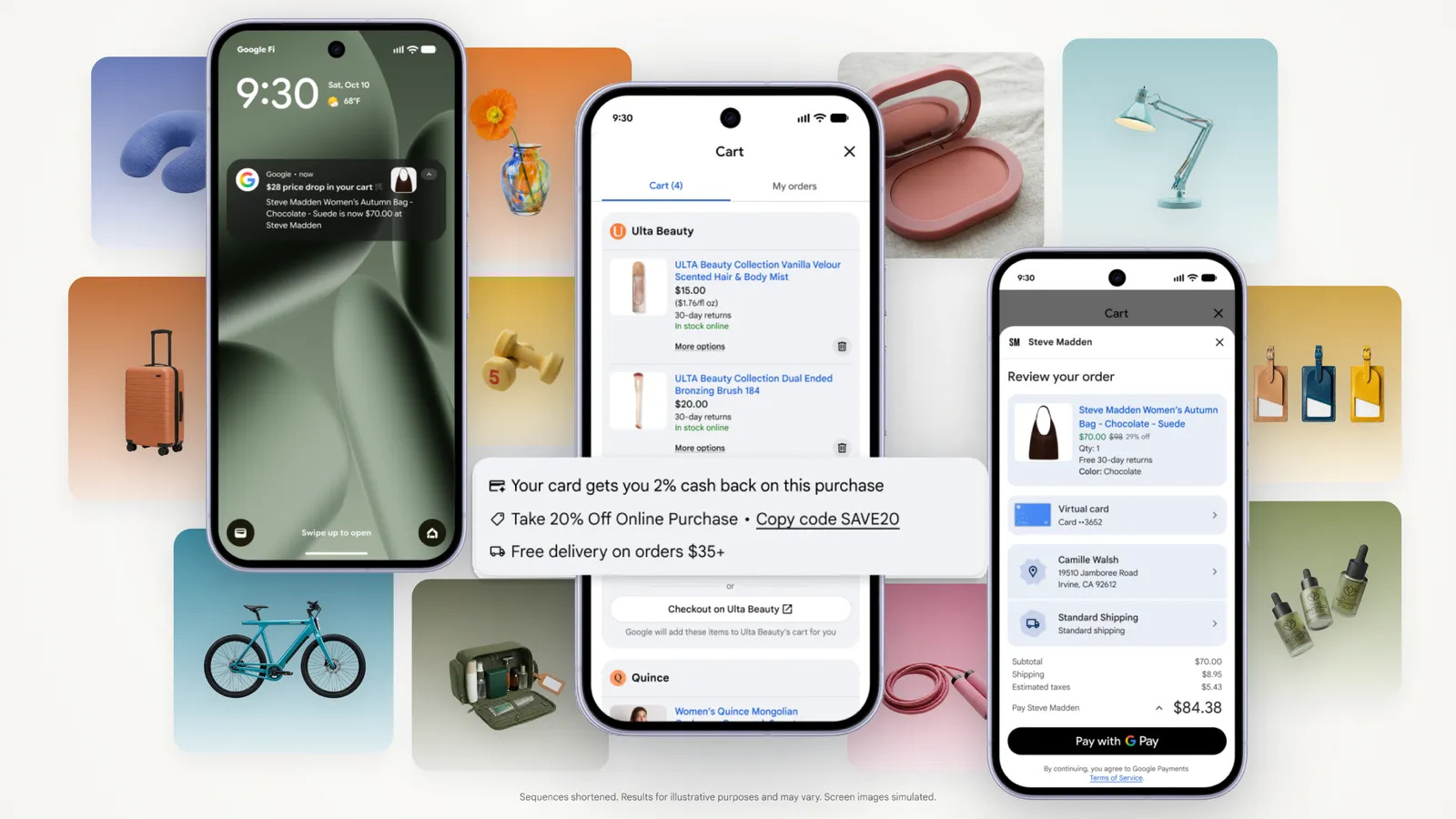 Três celulares exibindo telas do carrinho universal do Google, com notificação de queda de preço, lista de produtos com cupom e pagamento via Google Pay, sobre colagem de fotos de produtos como mala, bicicleta e luminária
