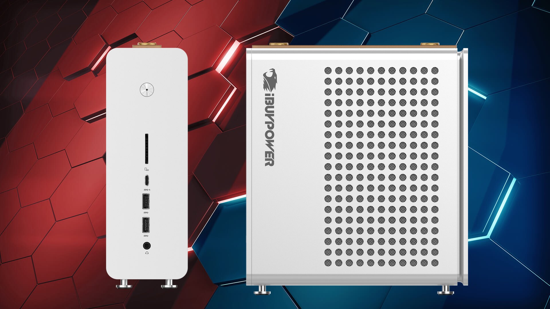Chassi compacto vertical em metal branco com painel frontal contendo conexões USB e botão de força ao lado de painel lateral perfurado com logotipo da iBUYPOWER