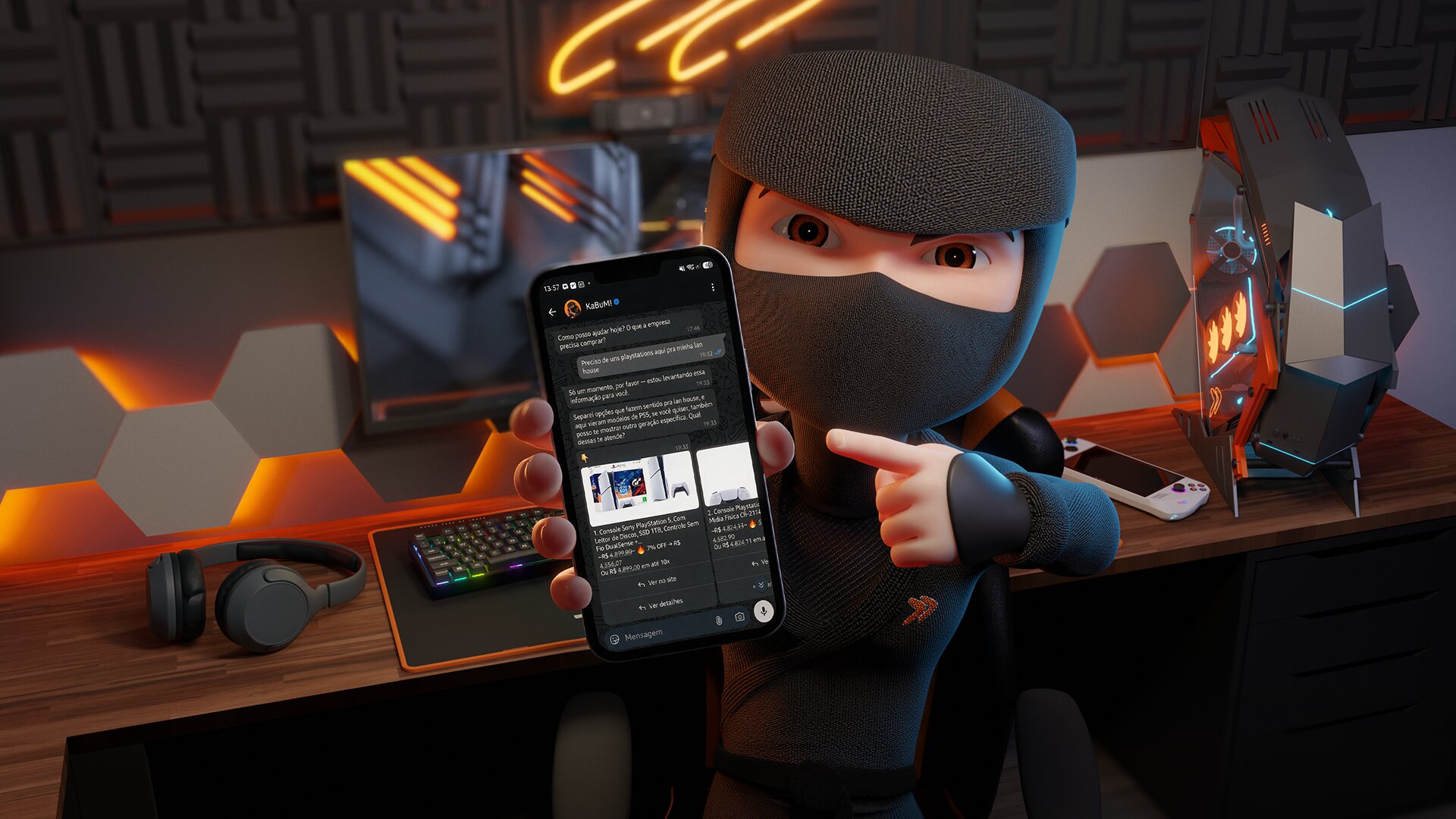 Ninja, mascote do KaBuM, de capuz azul e máscara preta, ao lado do logotipo do WhatsApp, em fundo azul com pontos de luz
