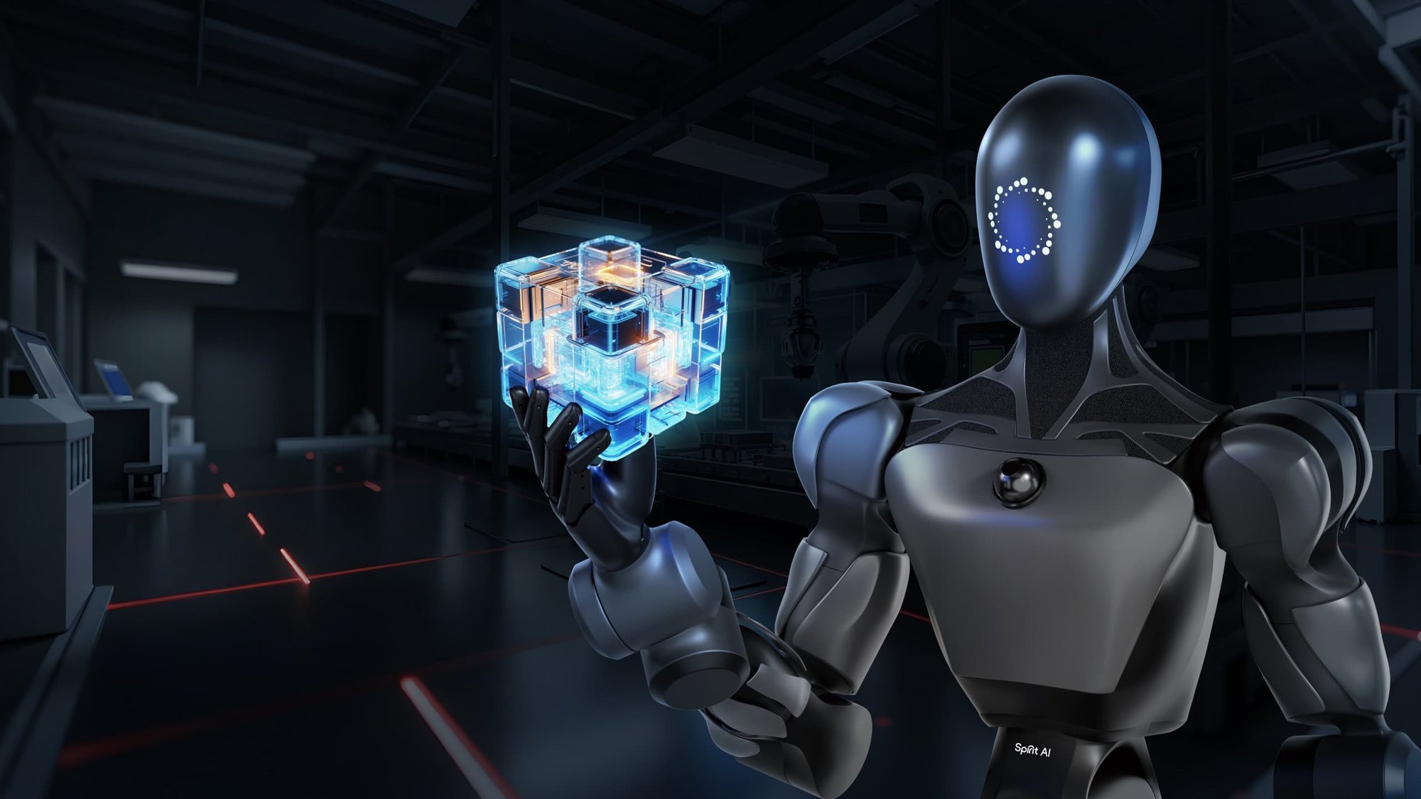 Renderização 3D de um robô humanoide preto e cinza segurando um cubo transparente iluminado por luzes azuis em um ambiente industrial escuro