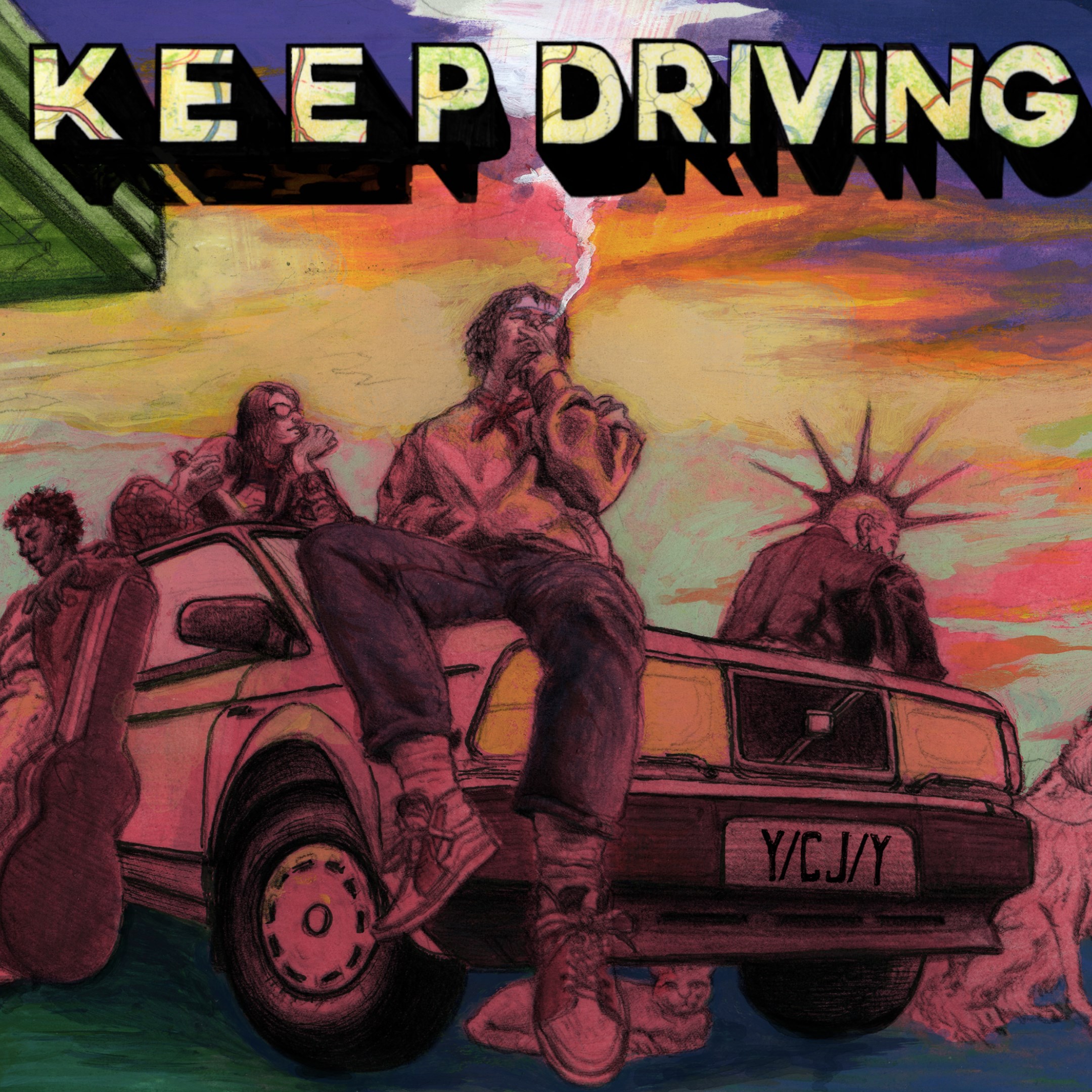 Arte oficial ilustrada: jovens em volta de um carro antigo com a placa Y/CJ/Y, um deles fumando sentado no capô e outro de moicano espetado atrás do carro, com um violão, um gato e um cachorro, sob céu de pôr do sol e o título KEEP DRIVING