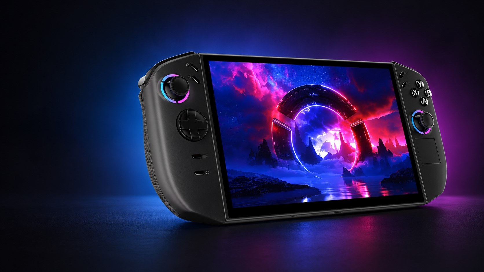 Console portátil Lenovo Legion Go 2 preto com controles destacáveis e tela OLED acesa, em fundo escuro com luz azul e roxa