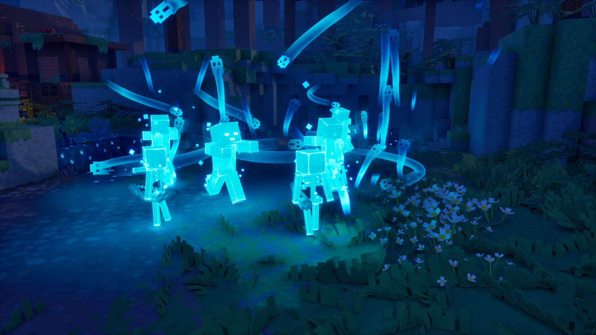 Personagem em blocos, de túnica verde e calça marrom, segura espada e escudo num corredor de pedra com tochas. À frente há um mob em forma de porco e outros inimigos em blocos. A interface mostra corações vermelhos, uma barra de itens e um minimapa, e o texto MINECRAFT DUNGEONS II na base