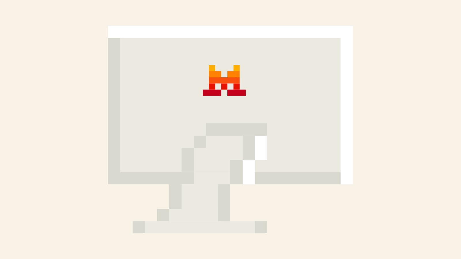 Ilustração em blocos de um monitor claro com símbolo laranja e vermelho no centro da tela, sobre fundo bege