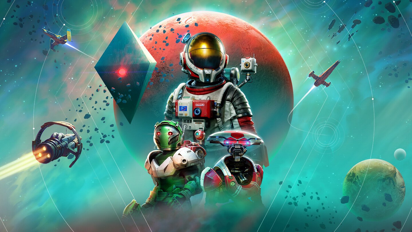 Ilustração espacial colorida mostrando um explorador com capacete dourado no centro, dois robôs alienígenas abaixo e um grande planeta vermelho ao fundo com naves espaciais em órbita