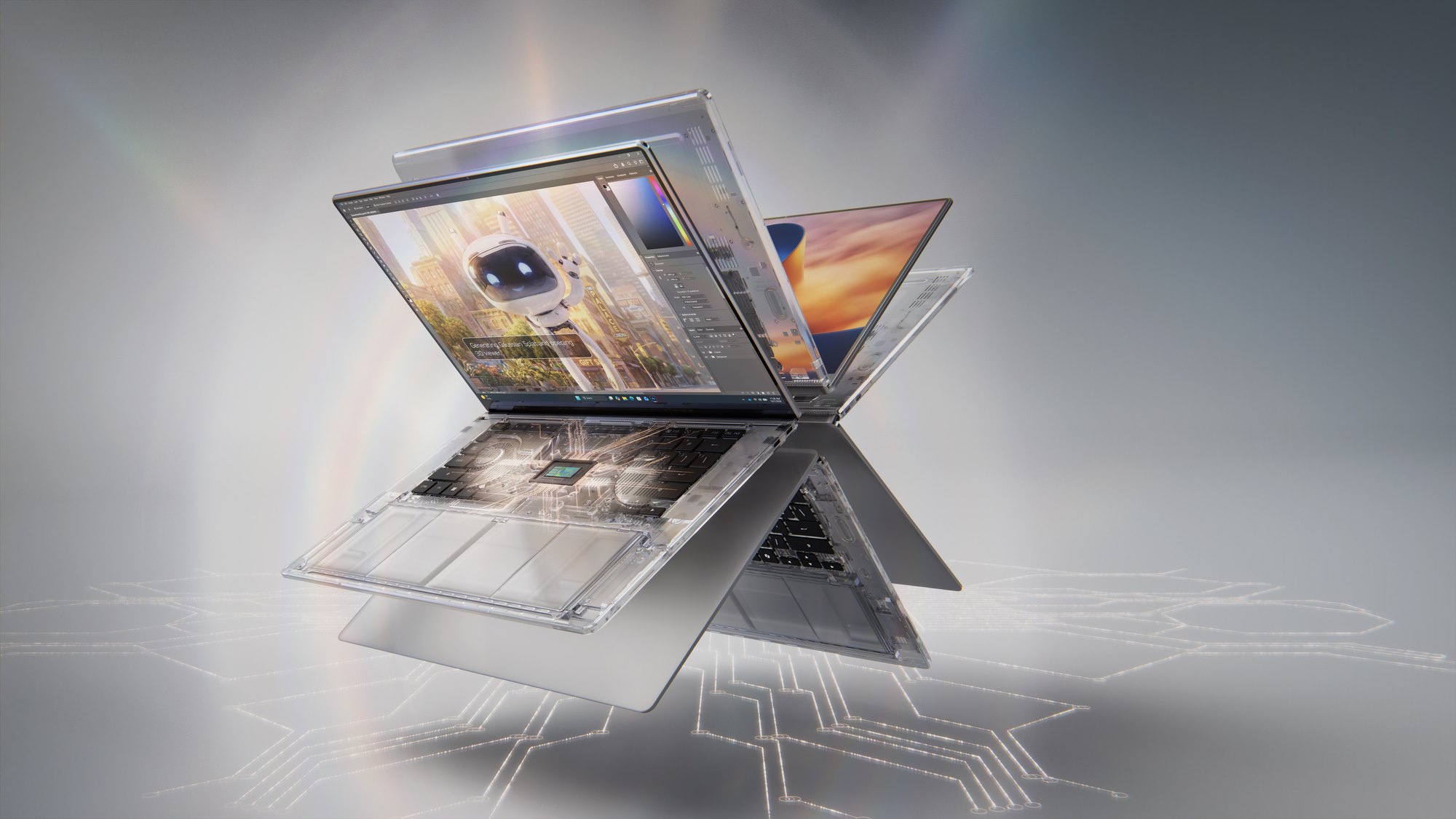 Dois notebooks prateados abertos em ângulos opostos, um deles transparente mostrando a placa interna com o chip, sobre fundo cinza com feixes de luz e linhas de circuito no chão