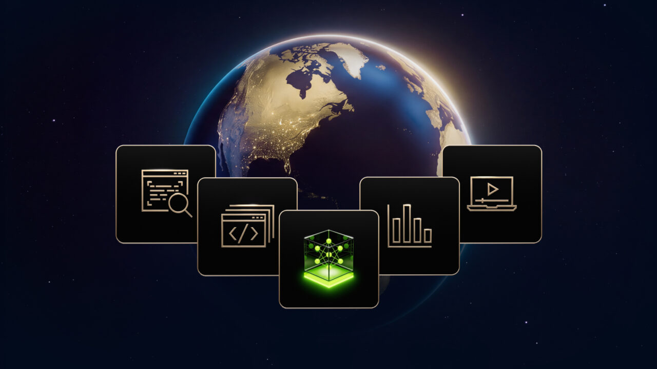 Ilustração da NVIDIA para a família Nemotron 3.5 de modelos abertos de IA, com um robô sobre um chip
