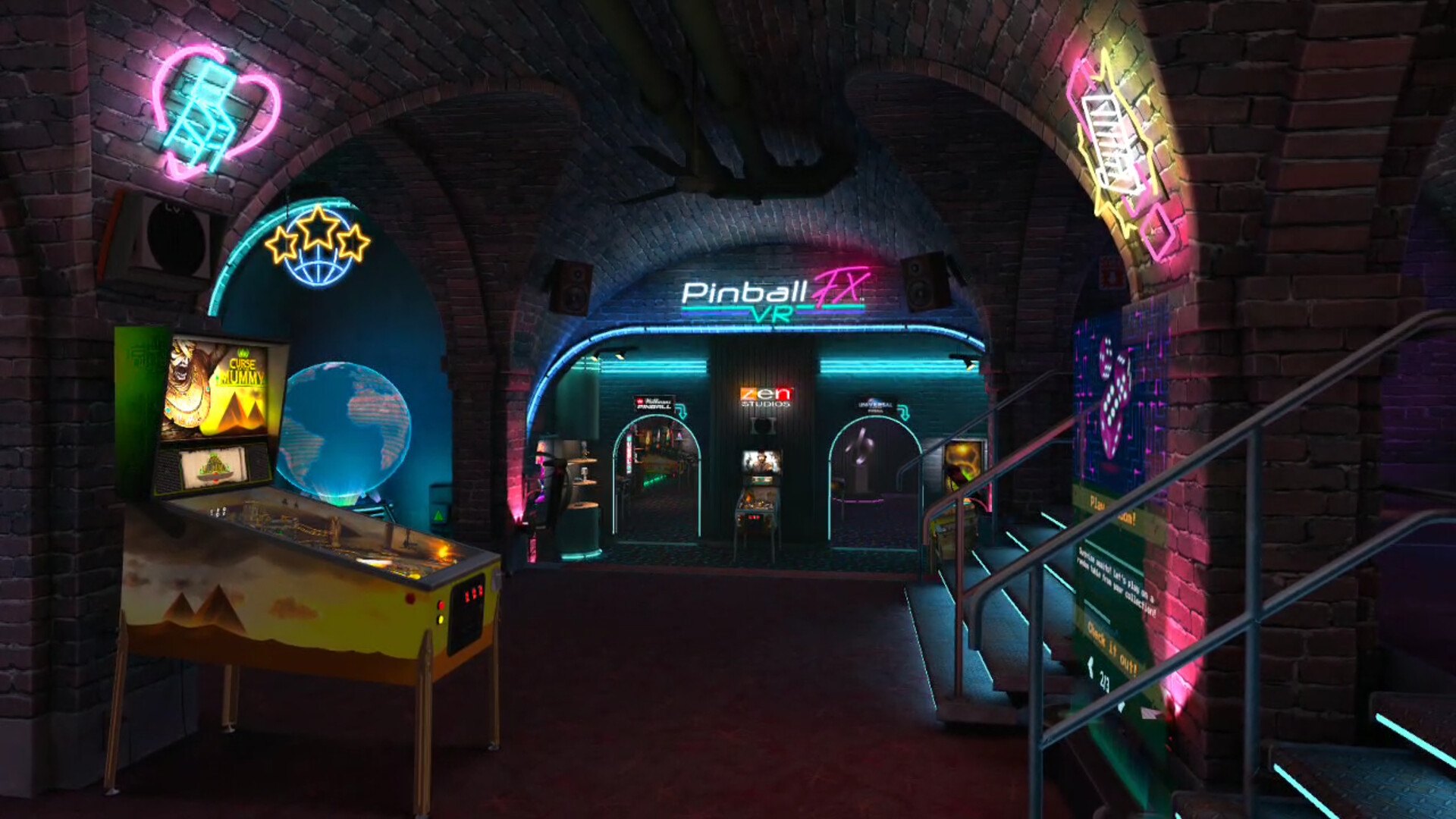Arte oficial de Pinball FX VR na Steam destacando o fliperama virtual e as mesas Pinball Noir, Curse of the Mummy e Sky Pirates: Treasures of the Clouds.