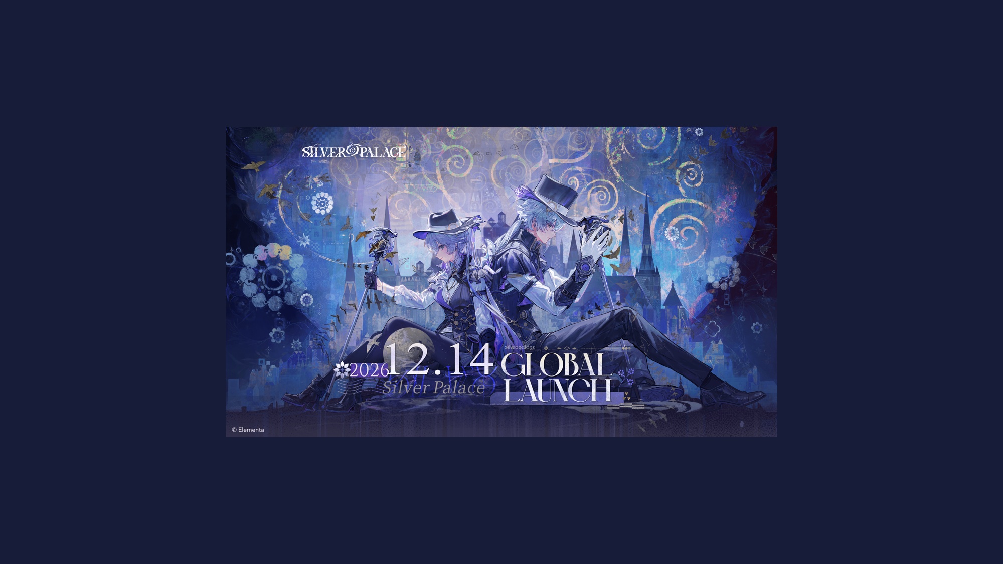 Arte azul com dois personagens de cabelos claros e chapéus, edifícios ao fundo, logo Silver Palace e texto 2026 12.14 Global Launch, dentro de margens escuras