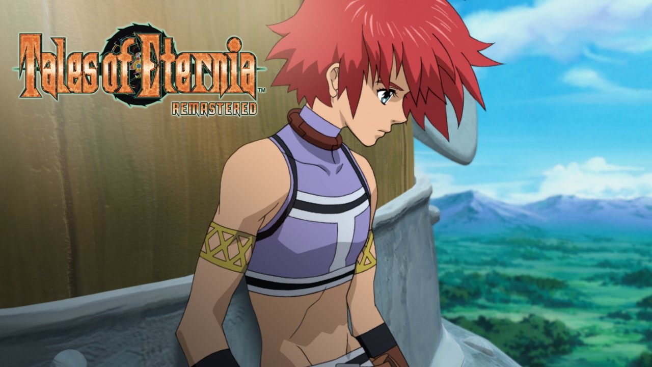 Arte promocional de Tales of Eternia Remastered mostrando o protagonista Reid Hershel e seus companheiros entre os mundos de Inferia e Celestia
