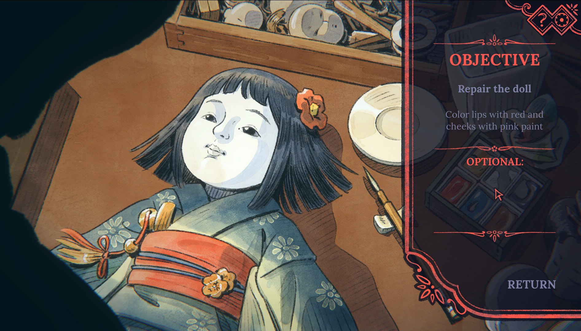 Ilustração desenhada à mão de uma boneca tradicional japonesa deitada sobre mesa de trabalho ao lado de pincel e estojo de pintura