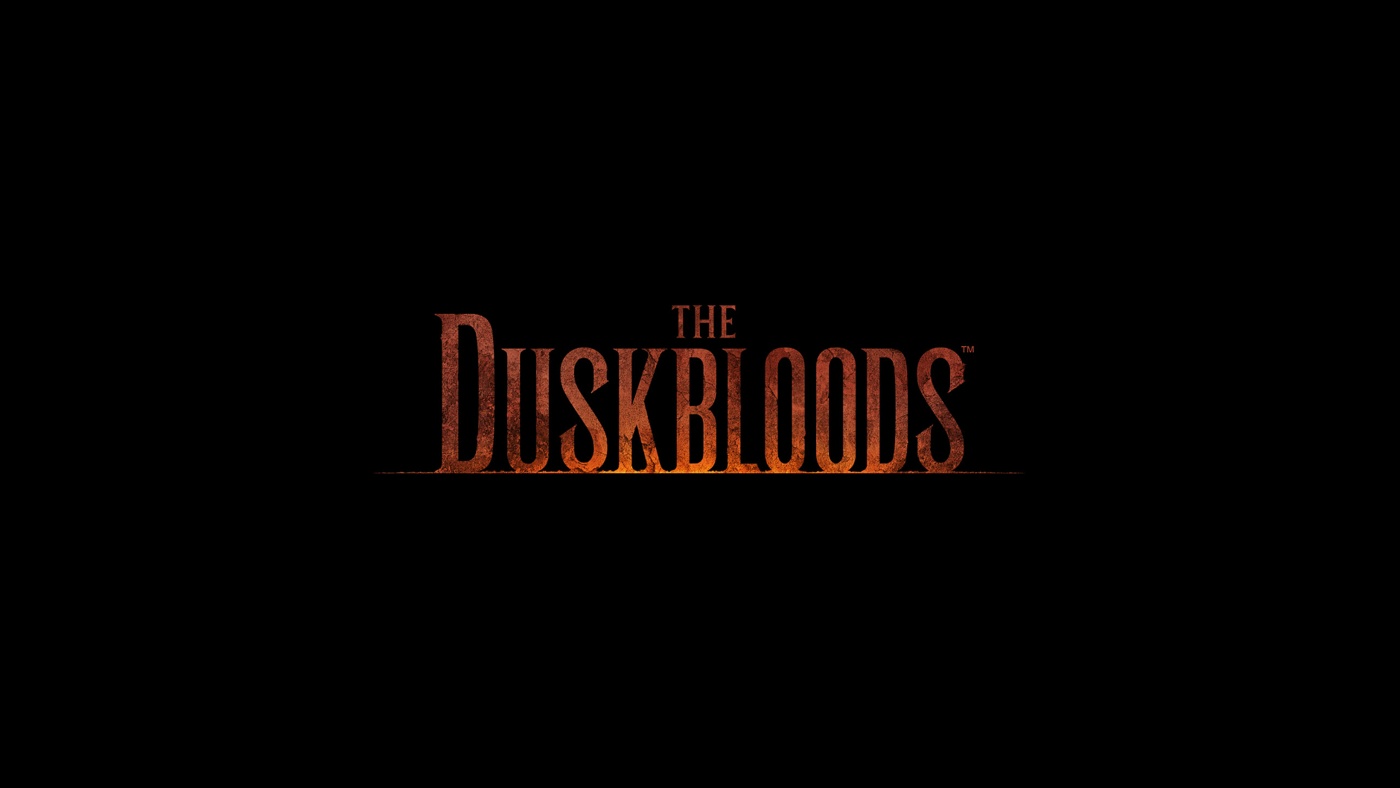 Logotipo The Duskbloods em letras alaranjadas e avermelhadas no centro de um fundo preto