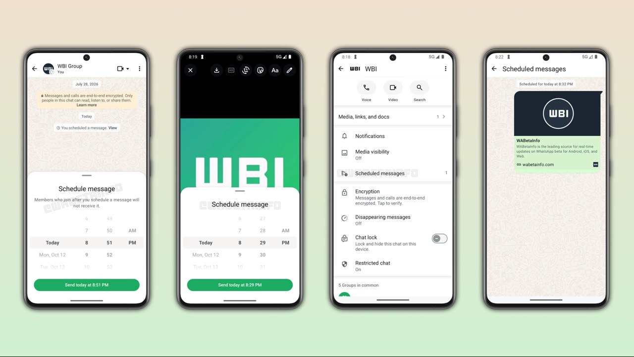 Quatro telas do WhatsApp mostram o agendamento de mensagens: painel com data e hora, editor de foto, seção de mensagens agendadas e aviso em grupo