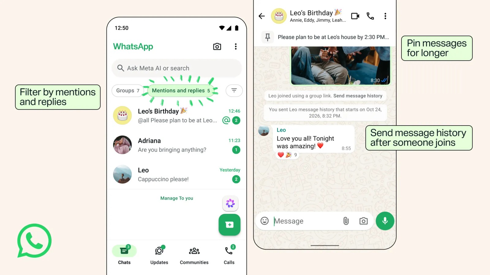 Arte ilustrativa com duas telas do WhatsApp mostrando filtro de menções e respostas, mensagem fixada e envio de histórico em um grupo de aniversário